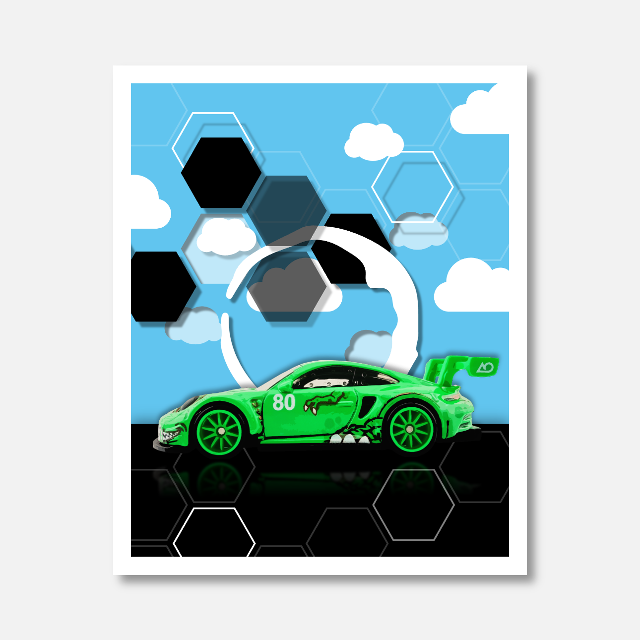 A green Porsche race car with black and green details, racing number 80, on a black surface with hexagonal patterns, against a background of a blue sky with floating white clouds and hexagonal grid patterns. Toy Story themed art. Dinosaur car.
