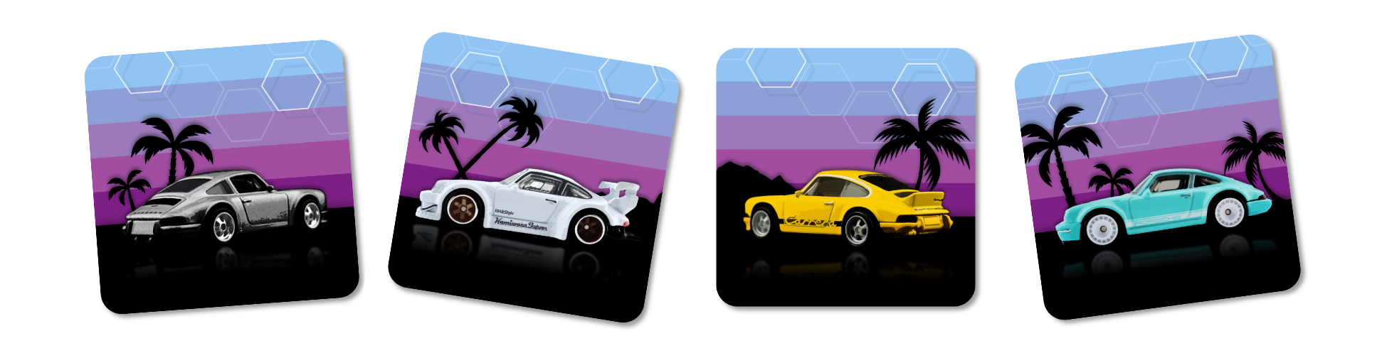 Four slot cars on a race track with a tropical sunset background.