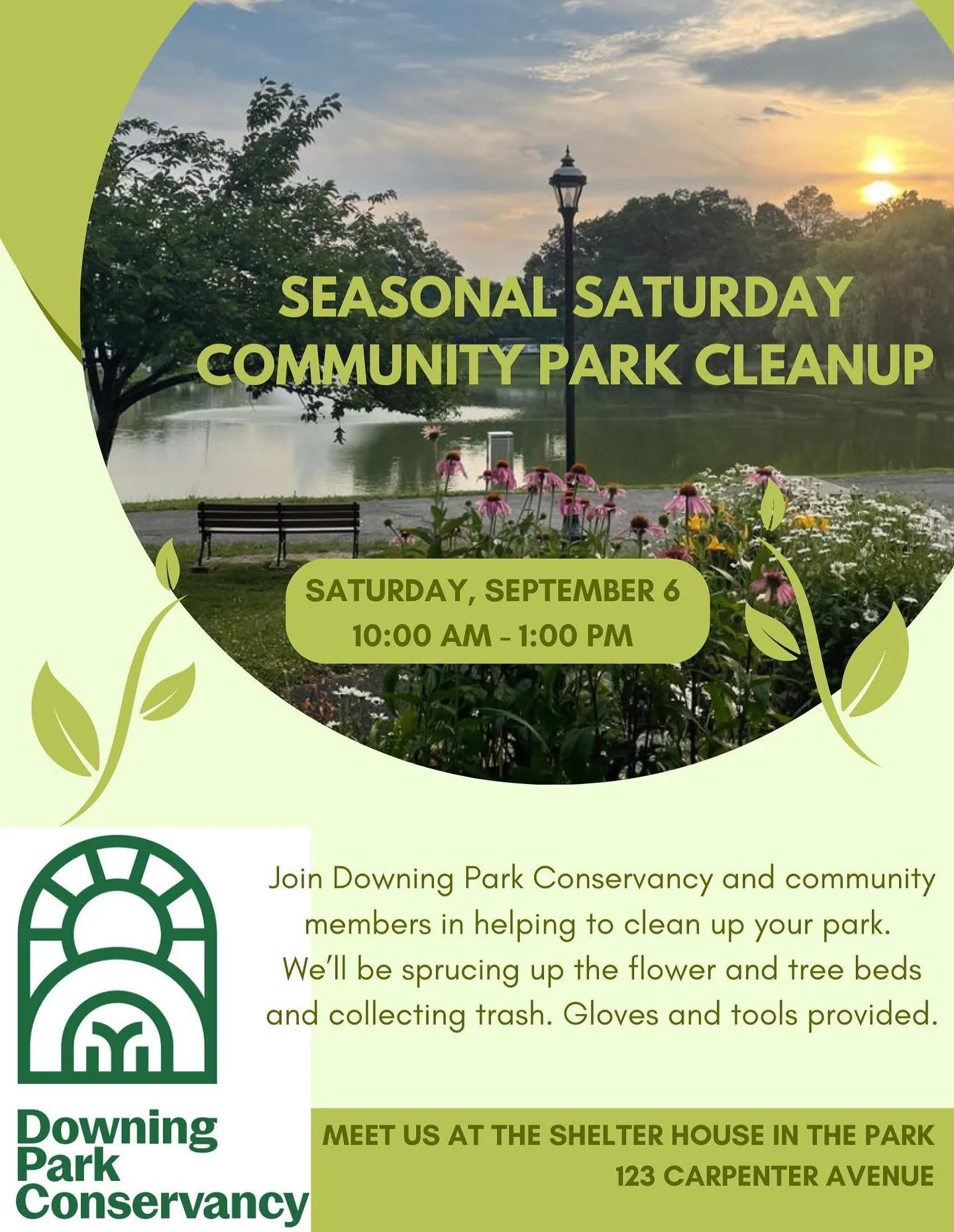 Seasonal Saturday Community Park Cleanup 
on Saturday, September 6, from 10:00 am to 1:00 pm.
🌳🌿🌾🌷🌼
This Saturday, we&rsquo;re getting together to help clean up Downing Park. Gather your family, friends, and neighbors and join us anytime from 10