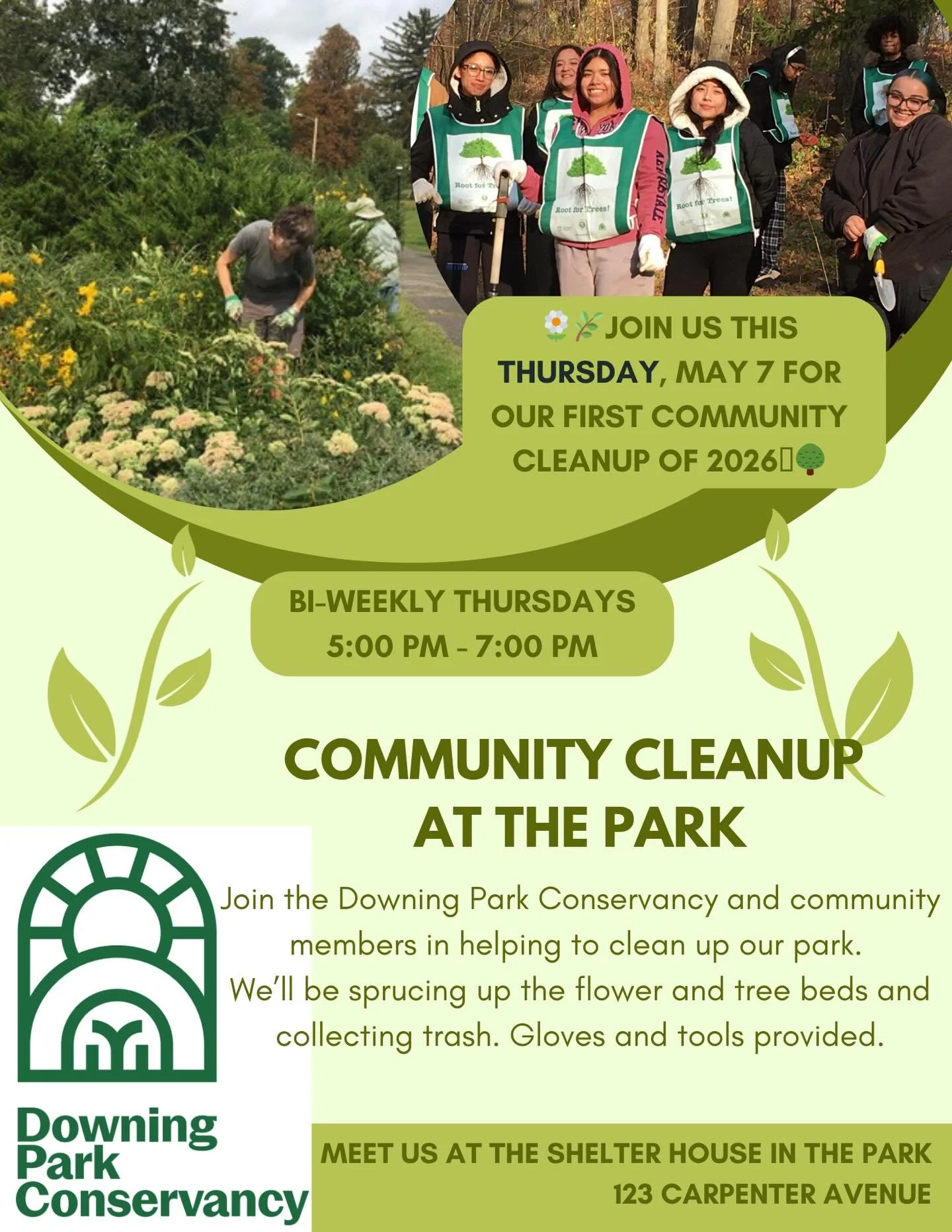 This Thursday, May 7, from 5-7 p.m., join Downing Park Conservancy and community members in helping to clean up our park during our first 
bi-weekly weekday cleanup this year!
🌳🌿🌾🌷🌼🪻
We&rsquo;ll be sprucing up the flower and tree beds and colle