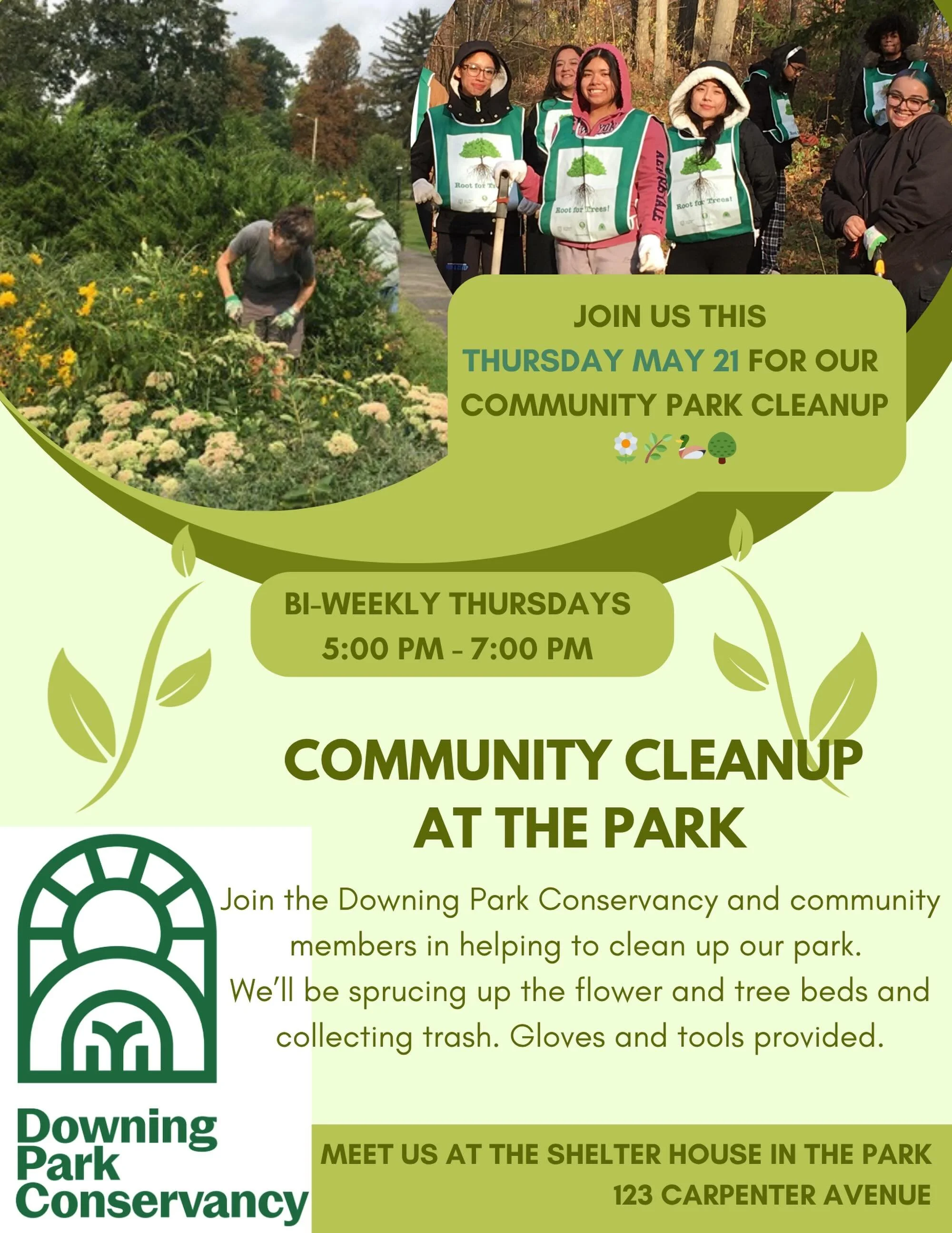 This Thursday, May 21, from 5-7 p.m., join Downing Park Conservancy and community members in helping to clean up our park. 
🌳🌿🌾🌷🌼🪻
We'll be sprucing up the flower and tree beds and collecting trash. 
Gloves and tools provided.
🌳🌿🌾🌷🌼🪻
Hope