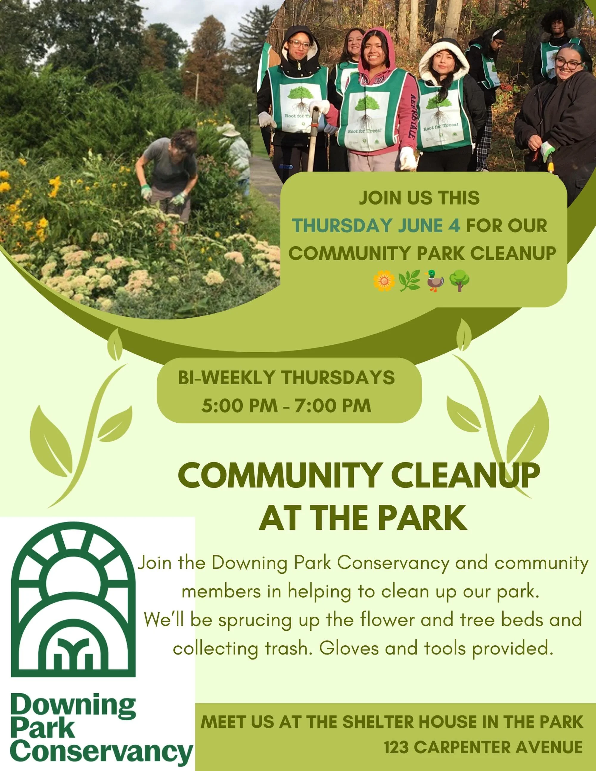 This Thursday, June 4, from 5-7 p.m., join Downing Park Conservancy and community members in helping to clean up our park. 
🌳🌿🌾🌷🌼🪻
We&rsquo;ll be sprucing up the flower and tree beds and collecting trash. 
Gloves and tools provided.
🌳🌿🌾🌷🌼?