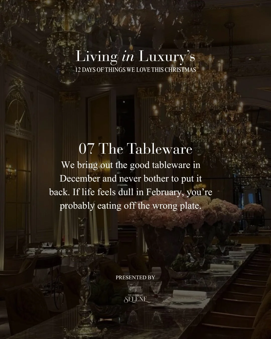 By mid-December, every drawer and cabinet has been opened. The plates that usually stay boxed are out, the heavy cutlery has made its return, and no one&rsquo;s pretending paper napkins ever stood a chance.⁠
⁠
At Selene, the rule is simple: if it&rsq