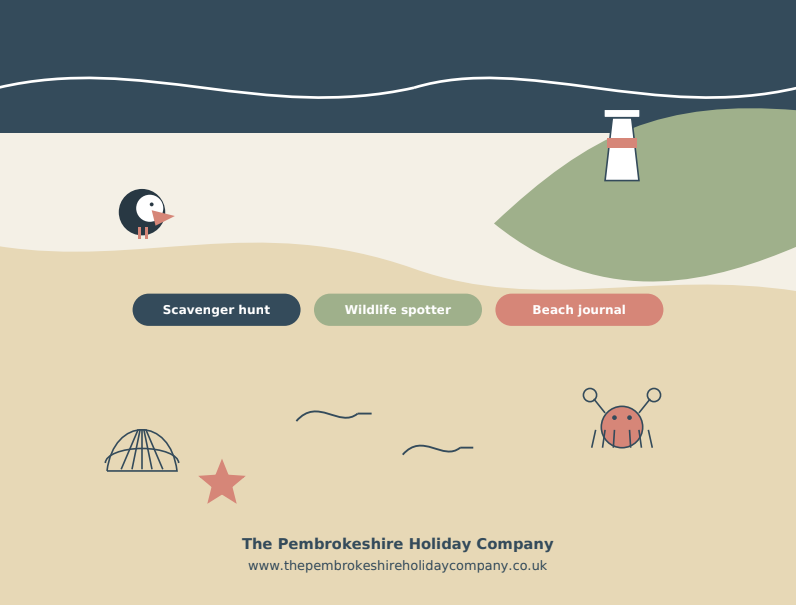 Little Explorers Pembrokeshire Guide drawing with crab, puffin & lighthouse