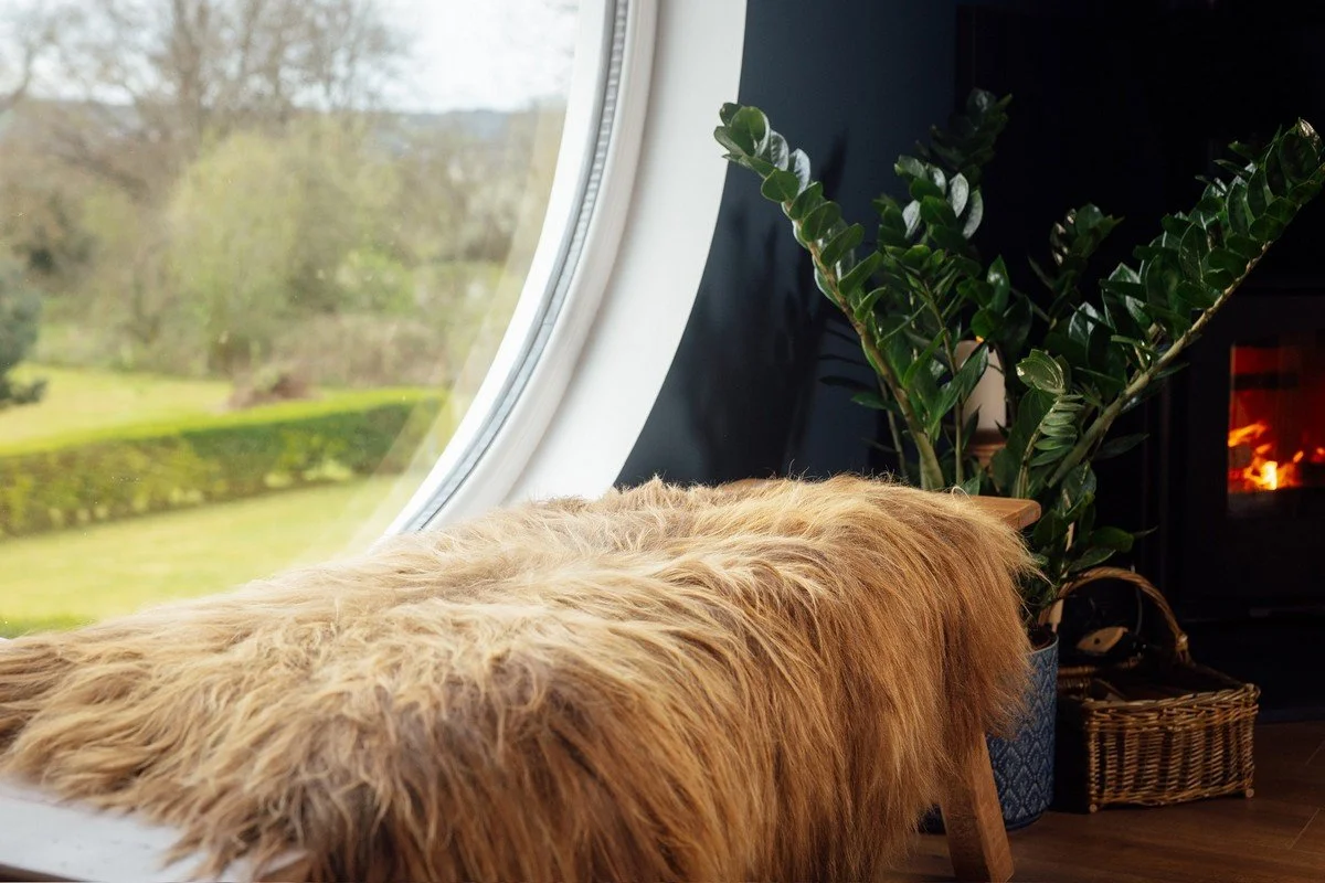 Seren Loft Fronteifi living room with large circle window - Pembrokeshire Holiday Co