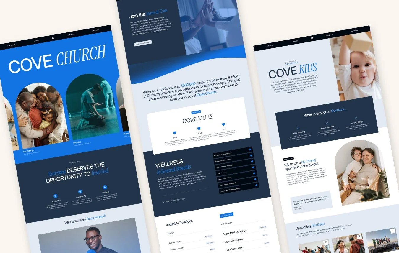 Cove Squarespace church template by Studio Mesa — contemporary blue design with 15 pages including ministries and kids program