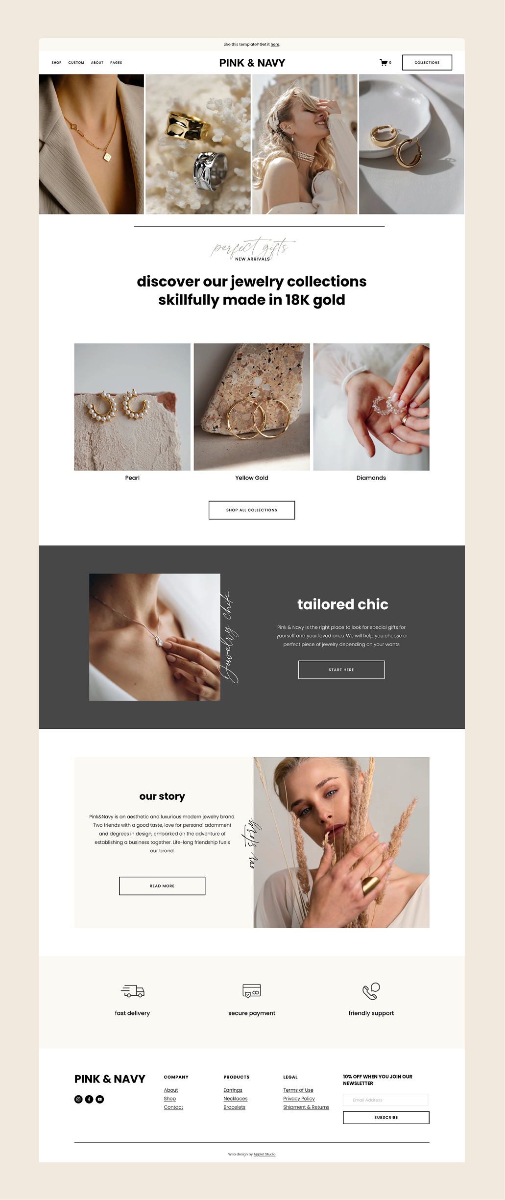 pink&navy squarespace template for jewelry store