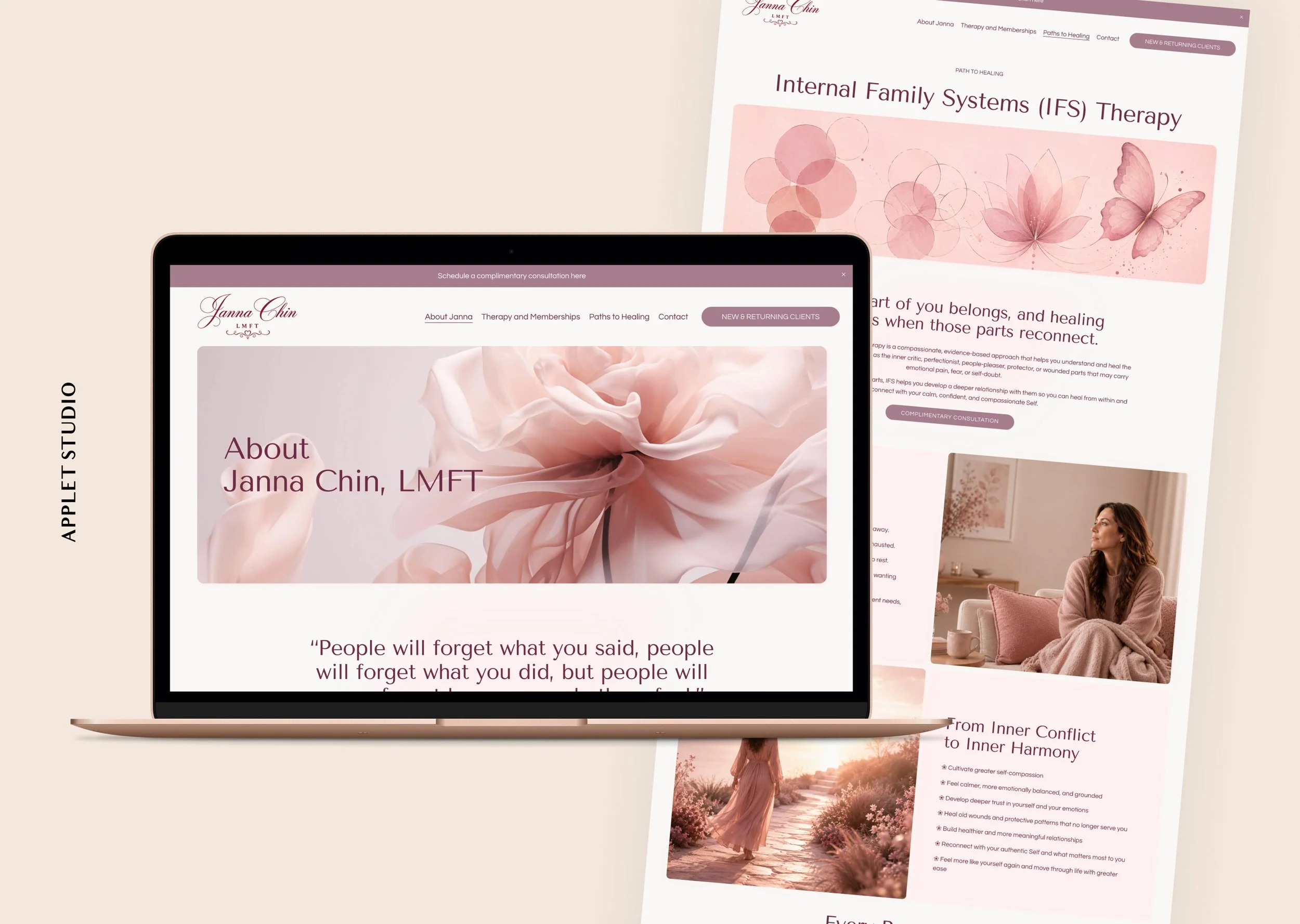 Squarespace website for therapist janna chin lmft, the About page displayed on laptop