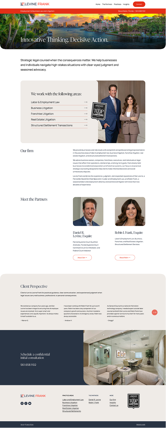 Squarespace website for levine frank law firm homepage