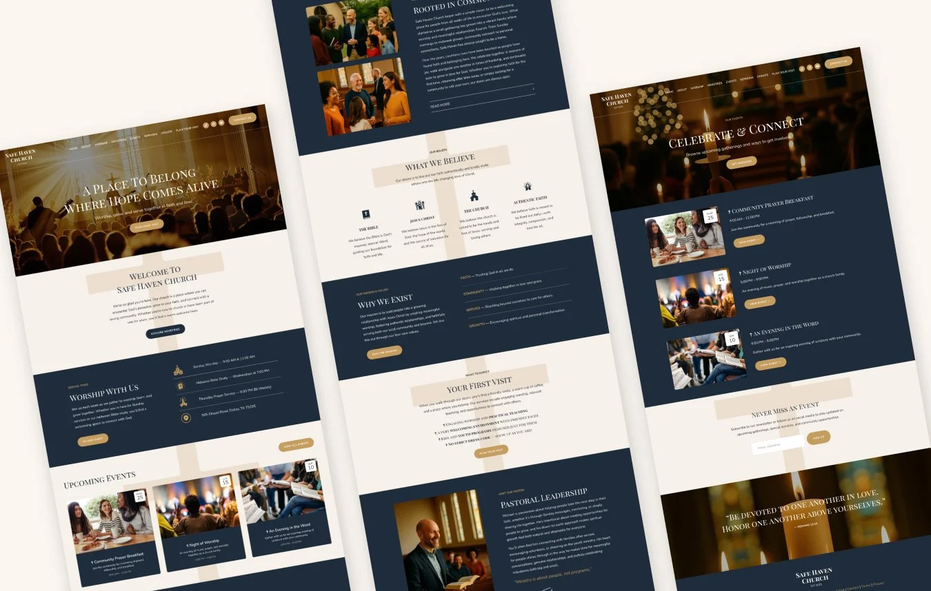 Safe Haven Squarespace church template by Websites by Elise — dark navy design with sermons and events pages