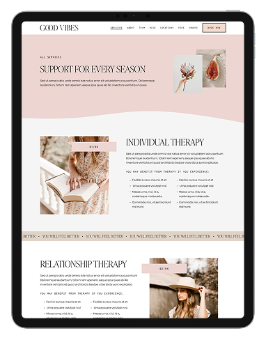 Squarespace wellness website template on tablet — strategic layout for health professionals