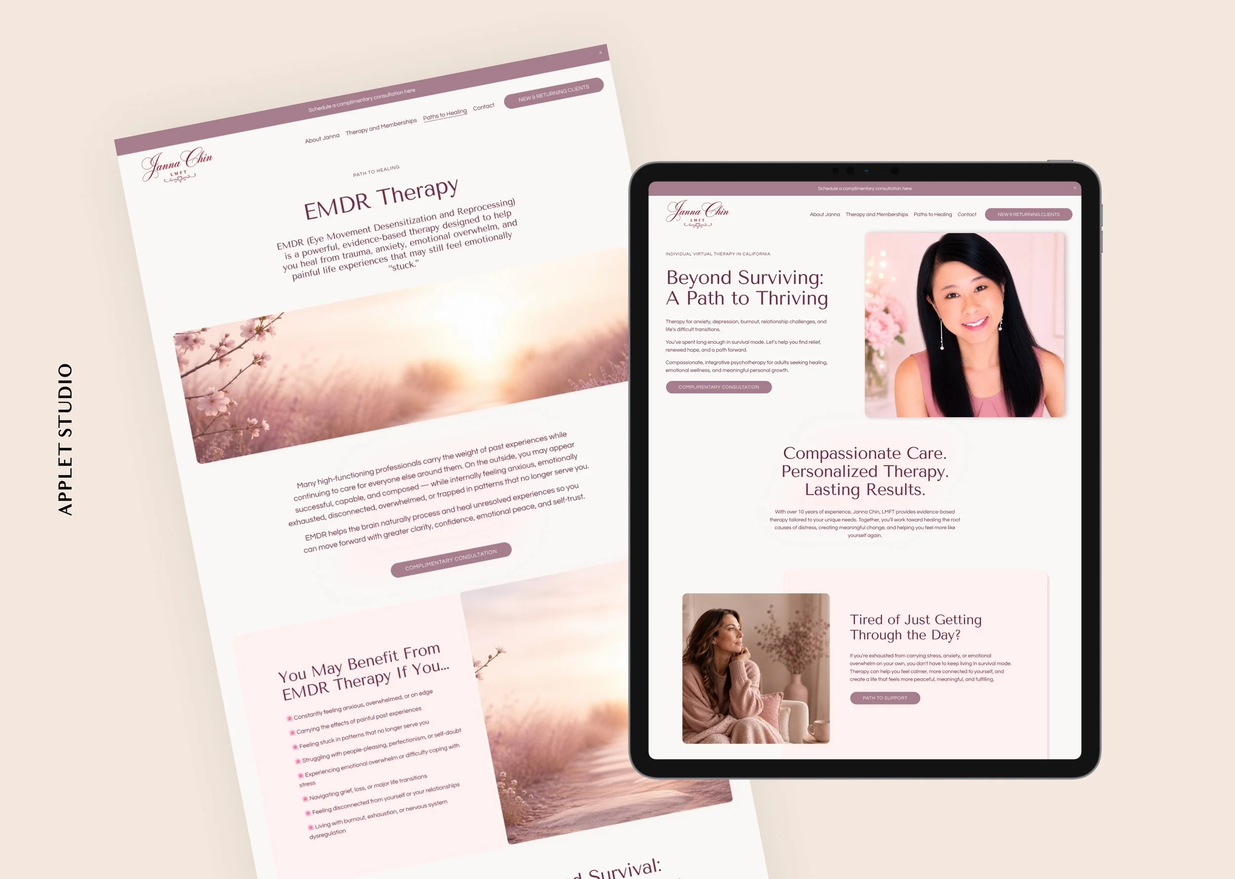 Squarespace website for therapist janna chin lmft homepage on tablet