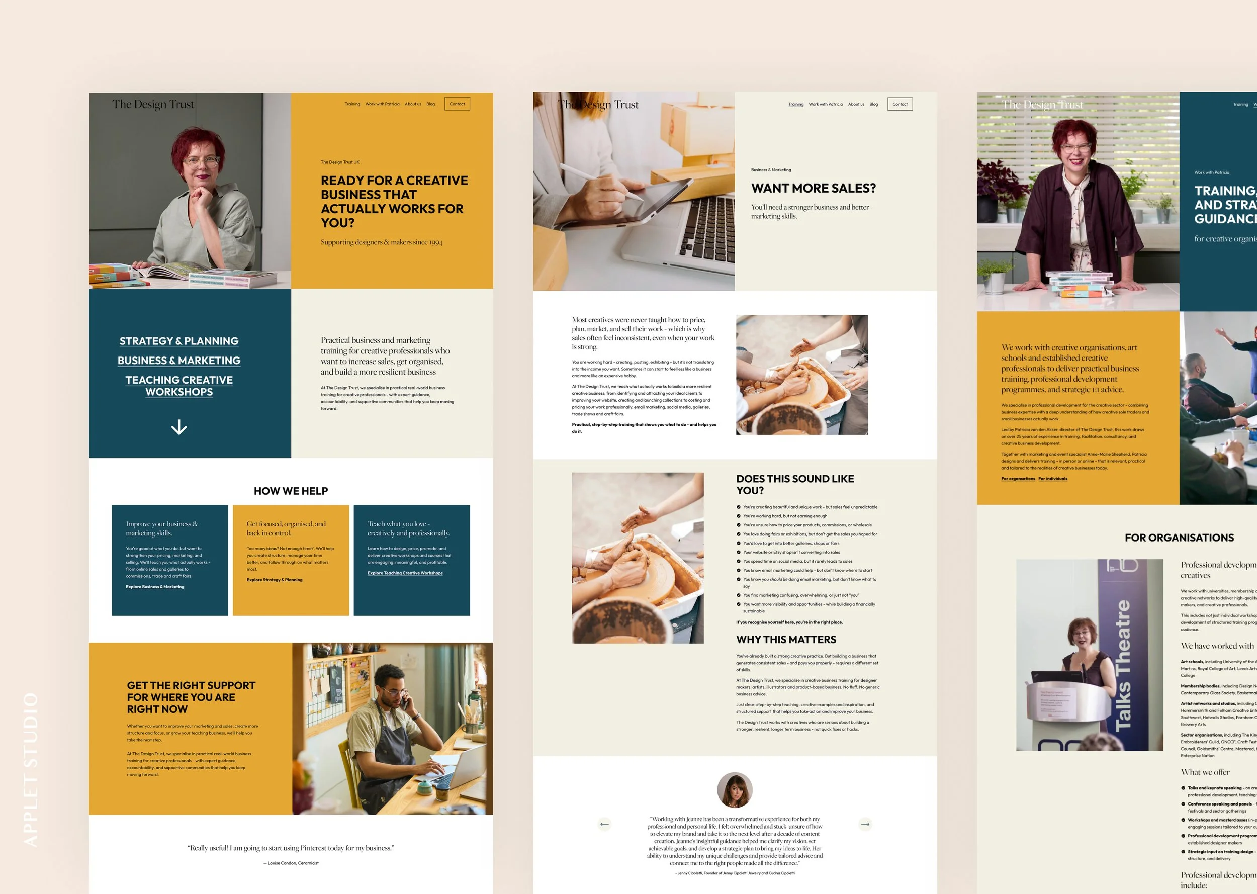 Squarespace website for business school Design Trust screenshots of website pages
