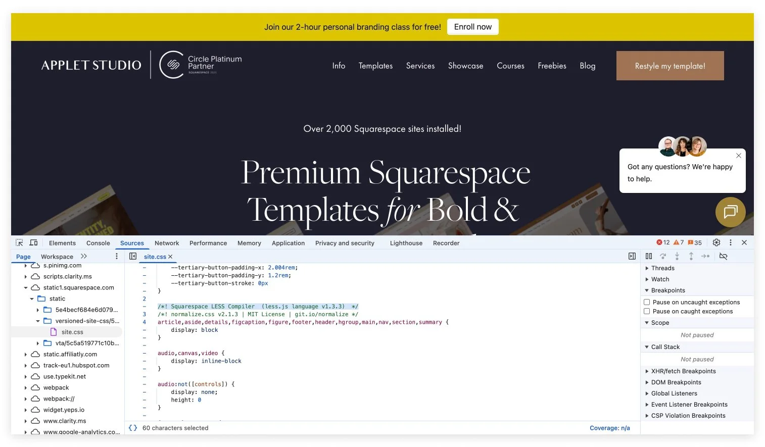 inspect Squarespace website CSS