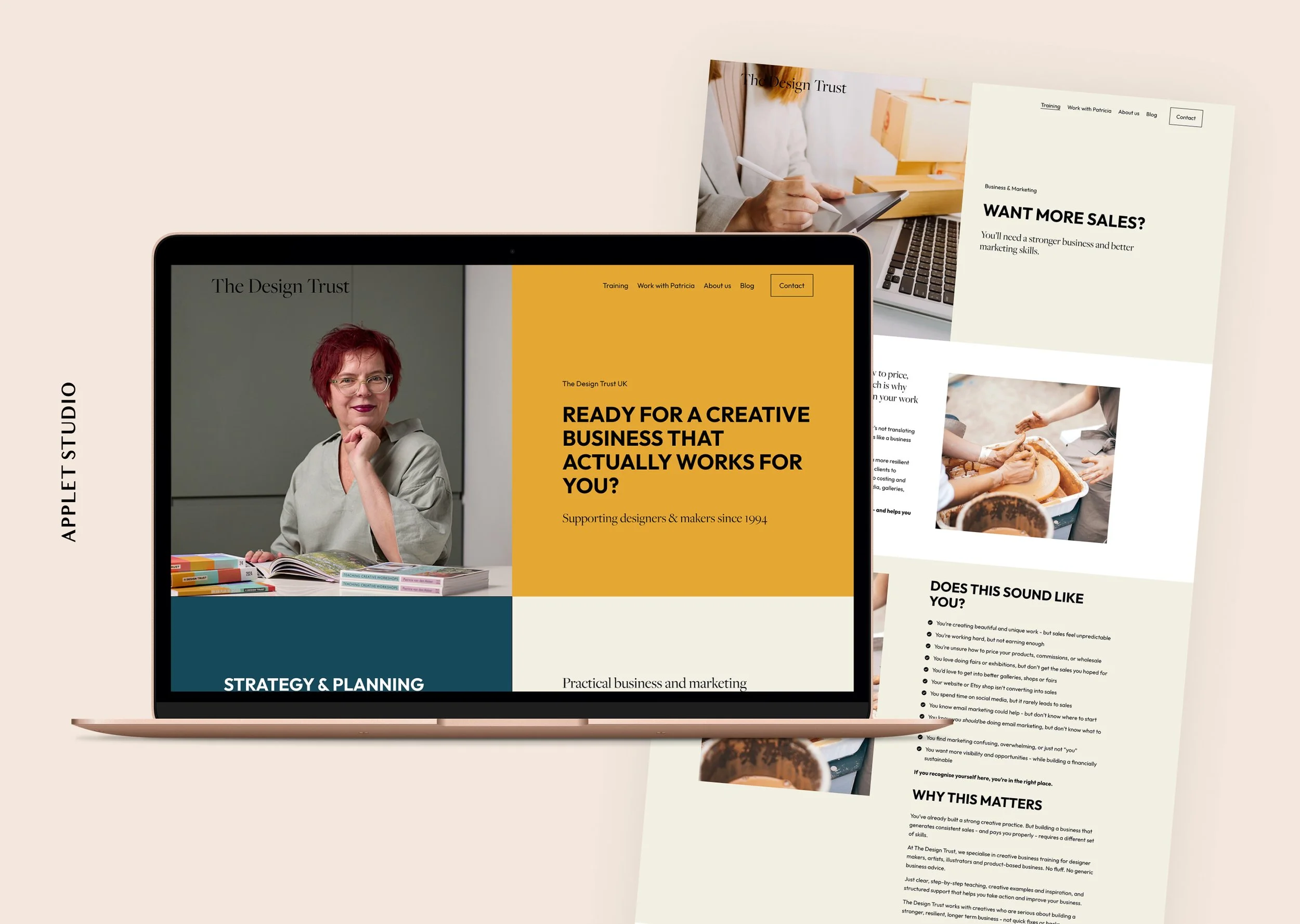 Squarespace website for business school Design Trust laptop mockup