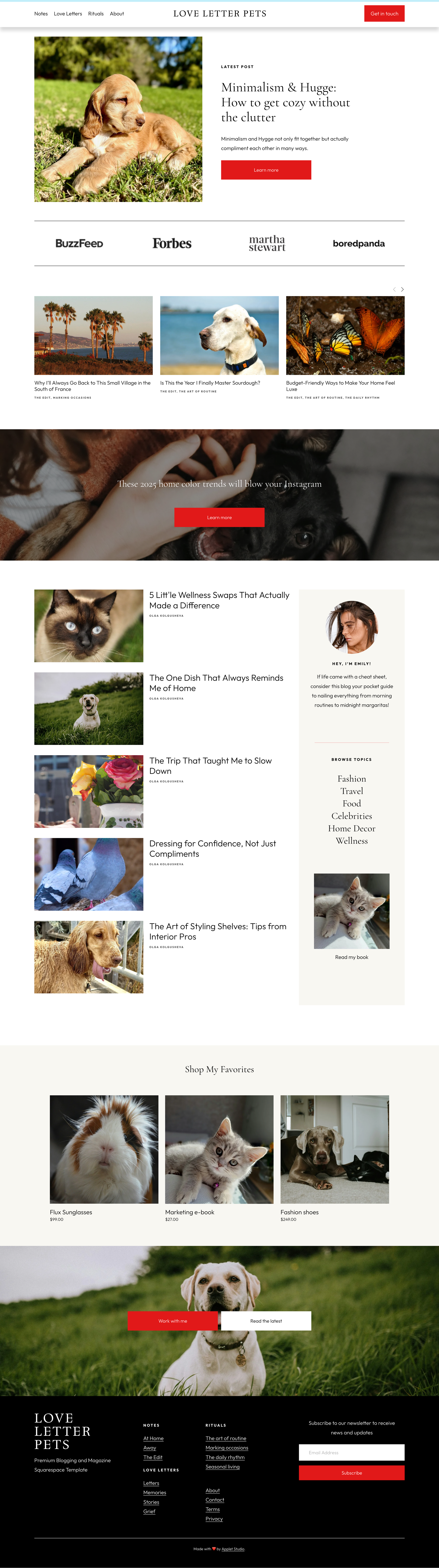 Homepage of the Squarespace website for a lifestyle blogger