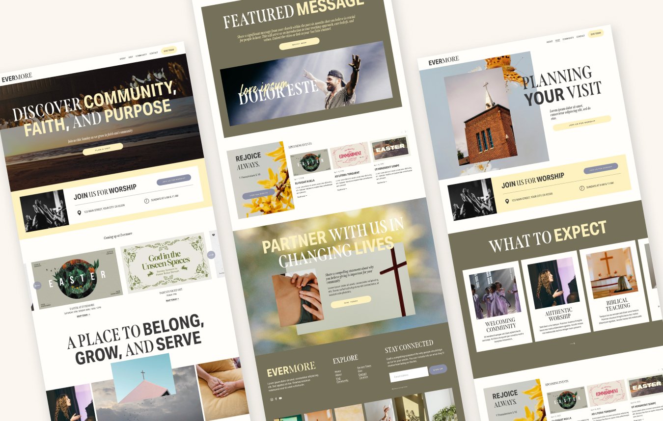 Evermore Squarespace church template by Go Live HQ — bold modern design with Plan a Visit page