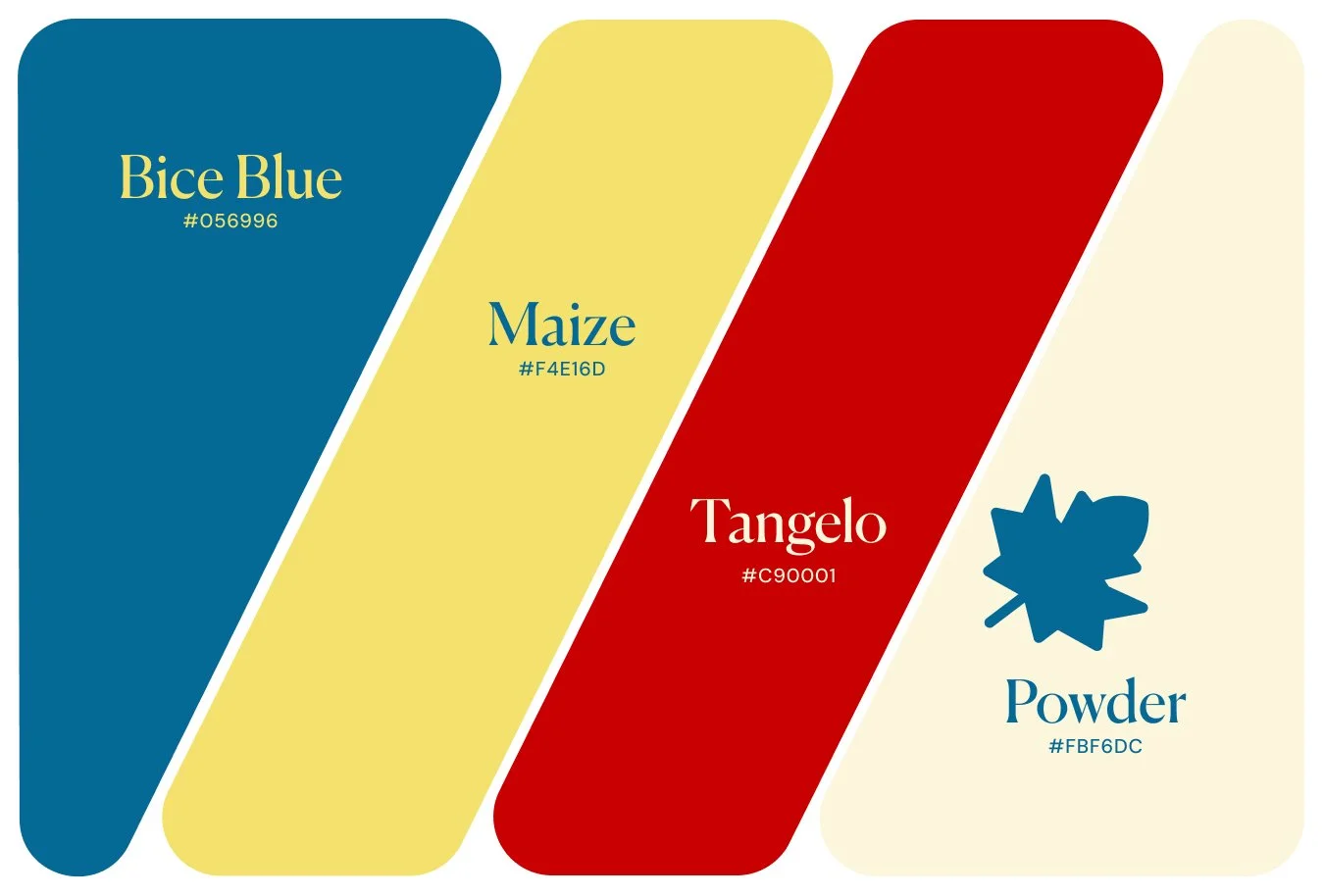 Fall color palette of bice blue, maize yellow, tangelo red and powder cream
