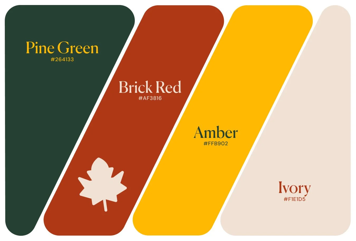 Fall color palette of pine green, brick red, amber yellow and ivory