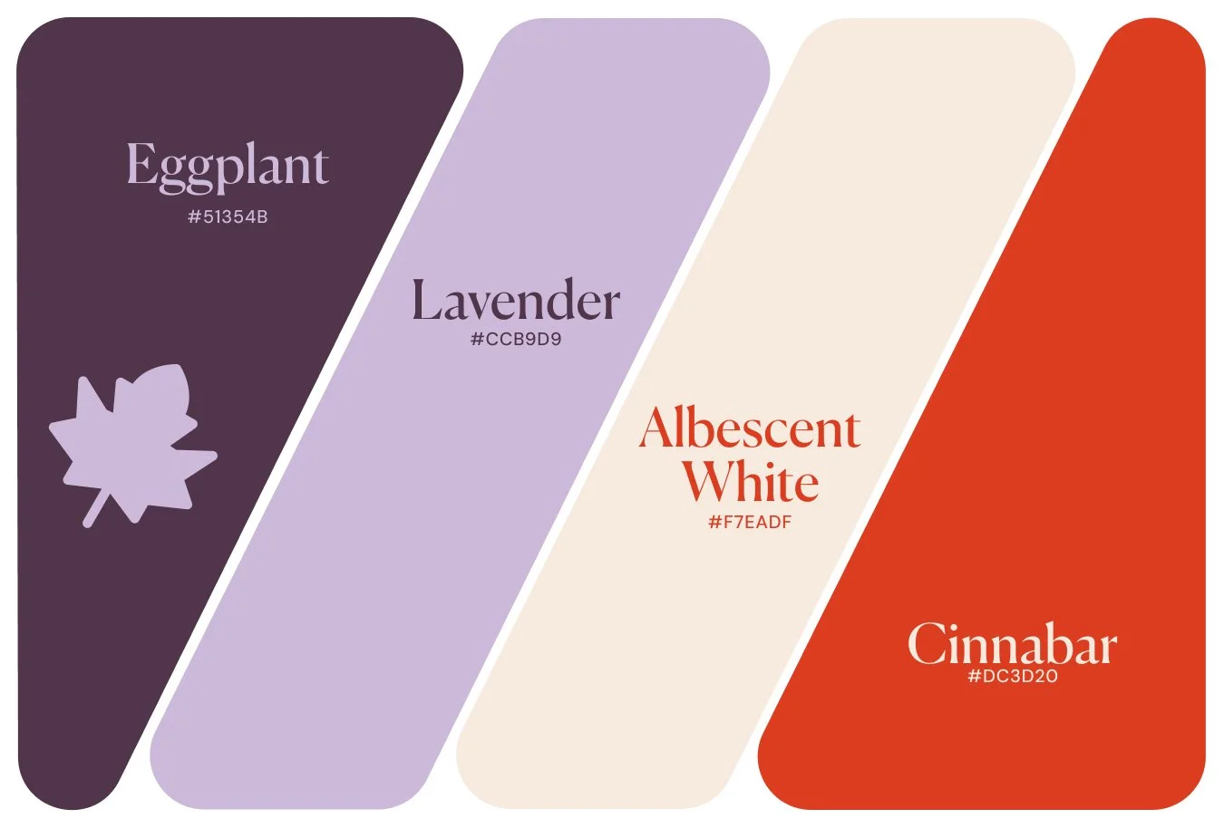 Autumn color palette of eggplant purple, lavender, soft off-white and cinnabar red