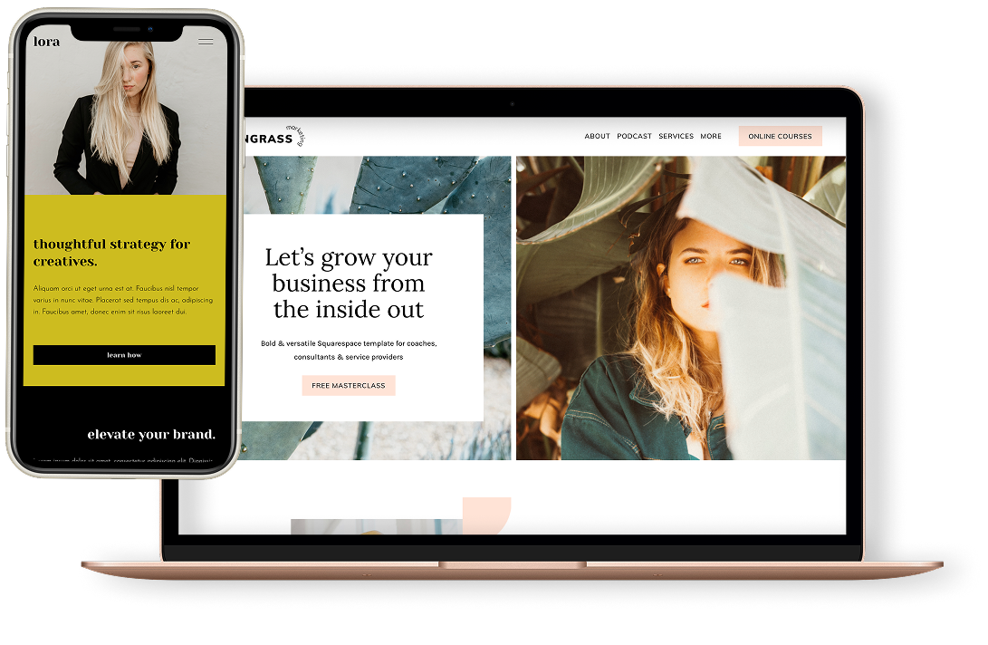 Squarespace template for coaches and course creators shown on desktop and mobile — Applet Studio