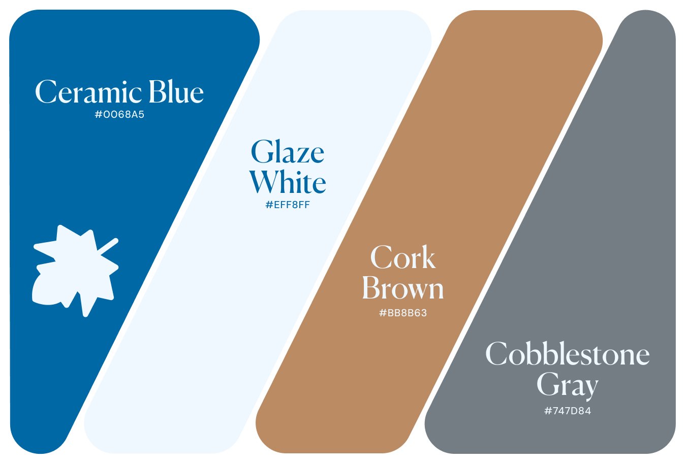 Autumn color palette of ceramic blue, glaze white, cork brown and cobblestone gray