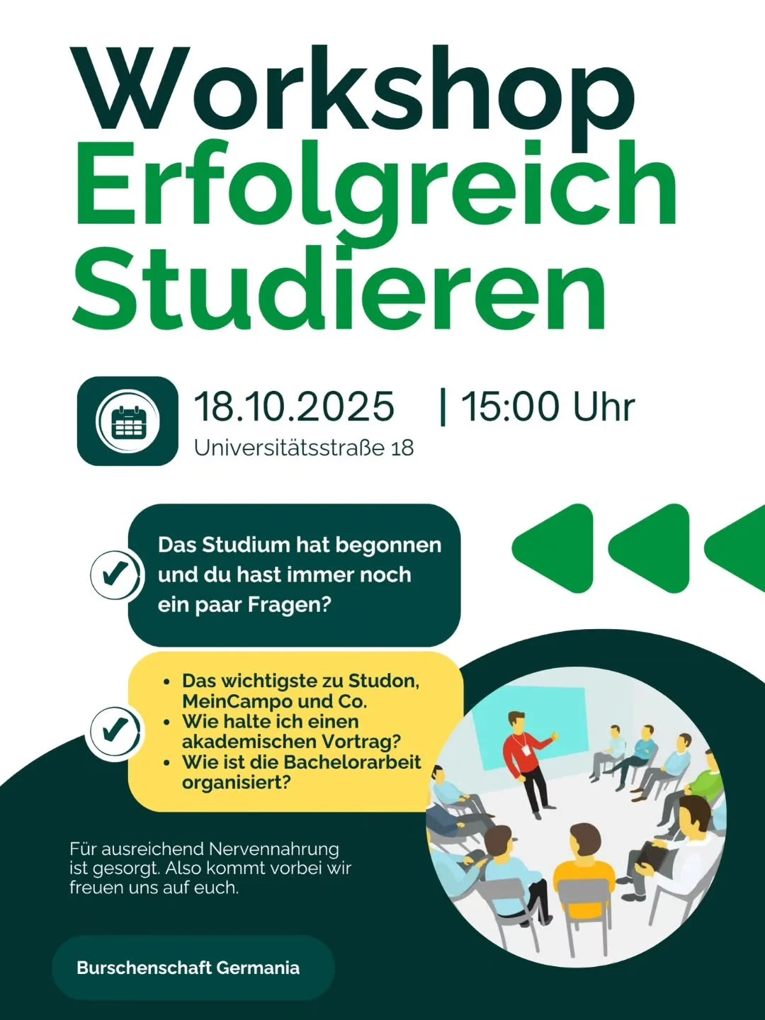 Das neue Semester hat begonnen und du brauchst noch ein paar Tipps und Tricks oder hast noch die ein oder andere Frage. Dann komm zu unserem Workshop.
#studium #fau #erstsemester #studentenverbindung