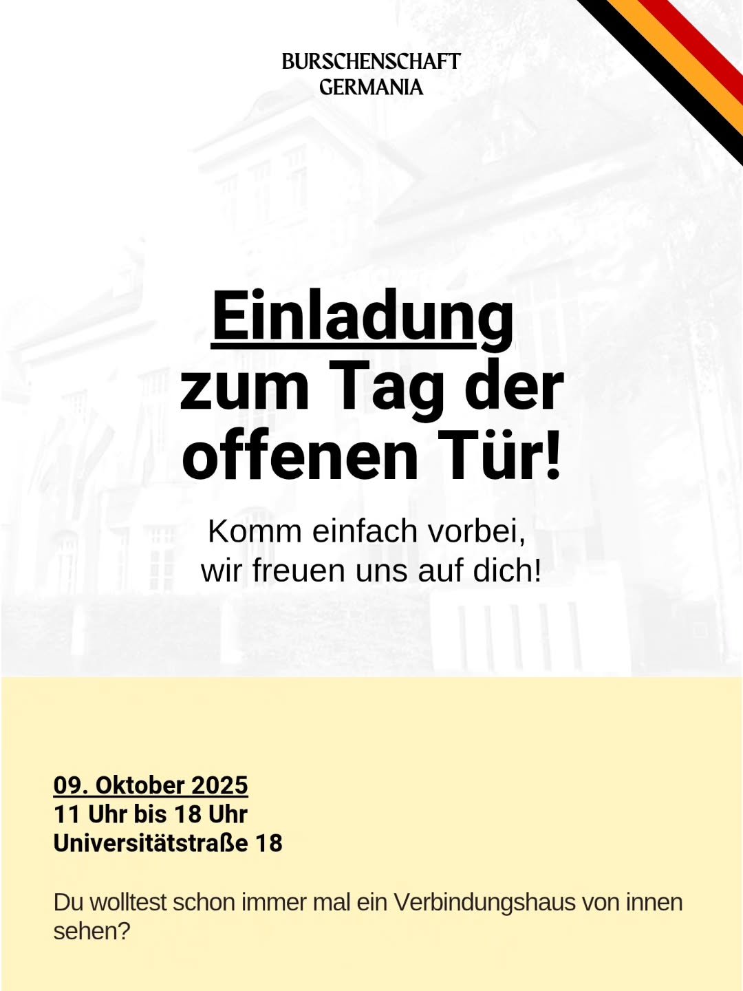 Ihr wolltet schon immer Mal in das Leben einer Studentenverbindung schauen. Dann kommt vorbei und lernt und andere Leute kennen.
F&uuml;r ausreichend Verpflegung ist gesorgt.
#studentenverbindung #burschenschaft #erlangen #fau
