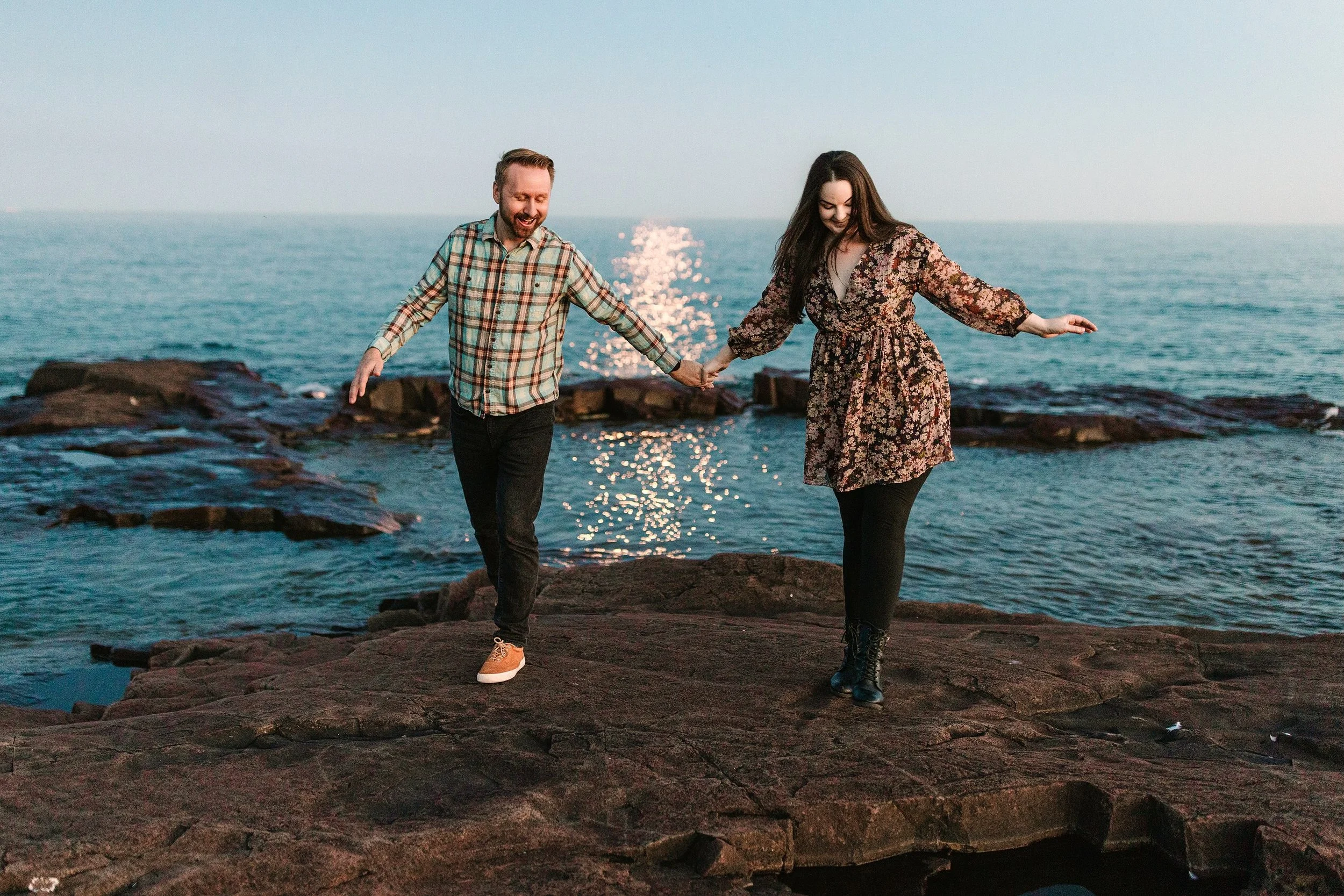 Brad + Becca in Grand Marais 🌲⚓️🌊⛵️ this session was the definition of shooting into &ldquo;blue hour&rdquo; - we shot for over 30 min after the sun had set. It was almost pitch black out when we took the shots with the moon and it&rsquo;s sparklin