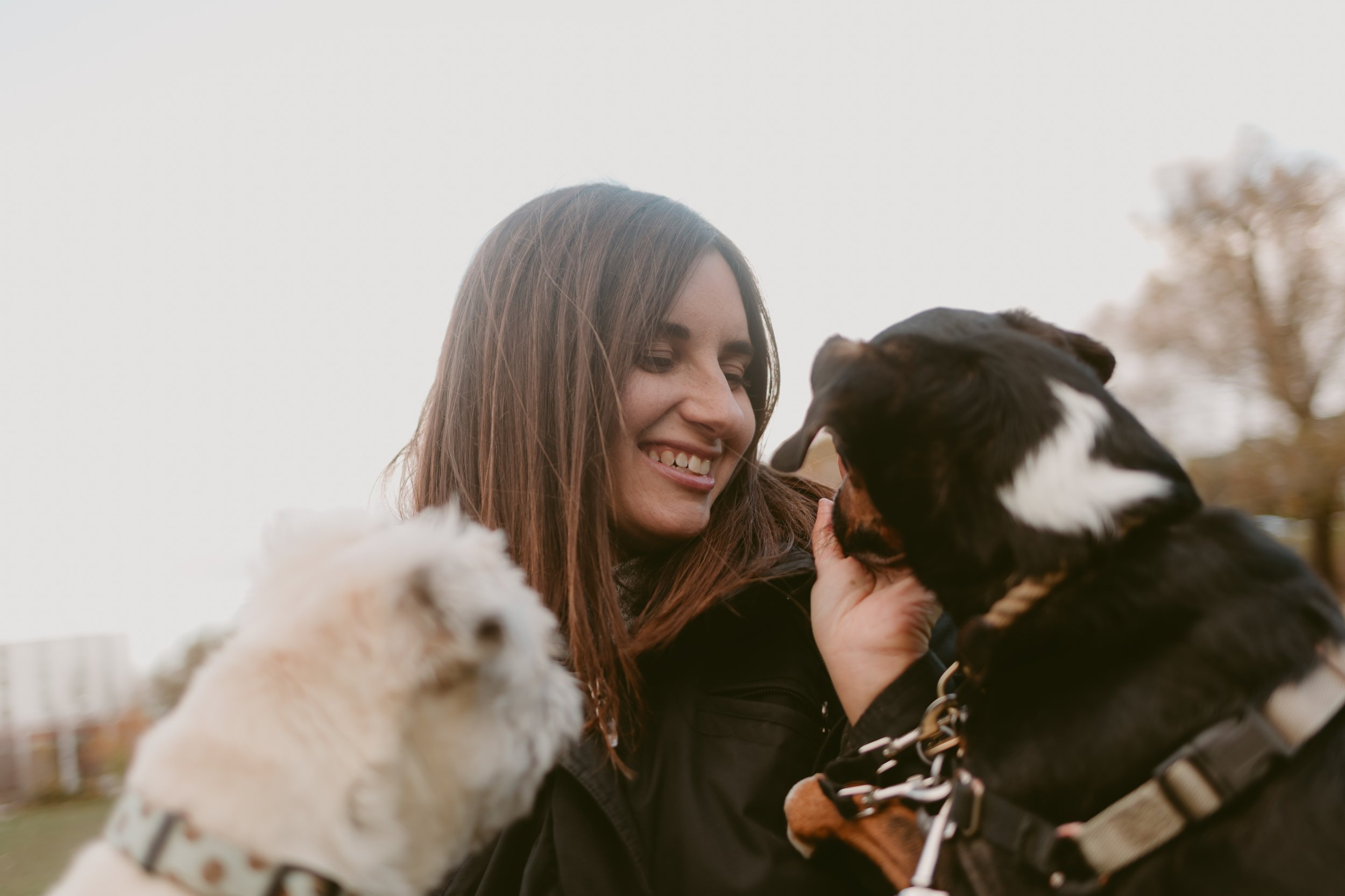 woman petting two cute dogs