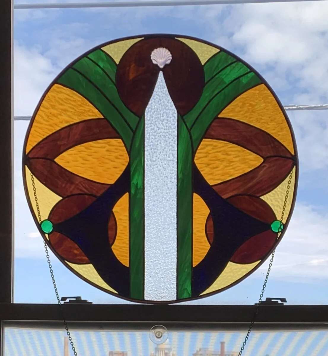 $1200 2'x2' Artdeco style stained glass, Black patina, Copper frame. Email for additional information.