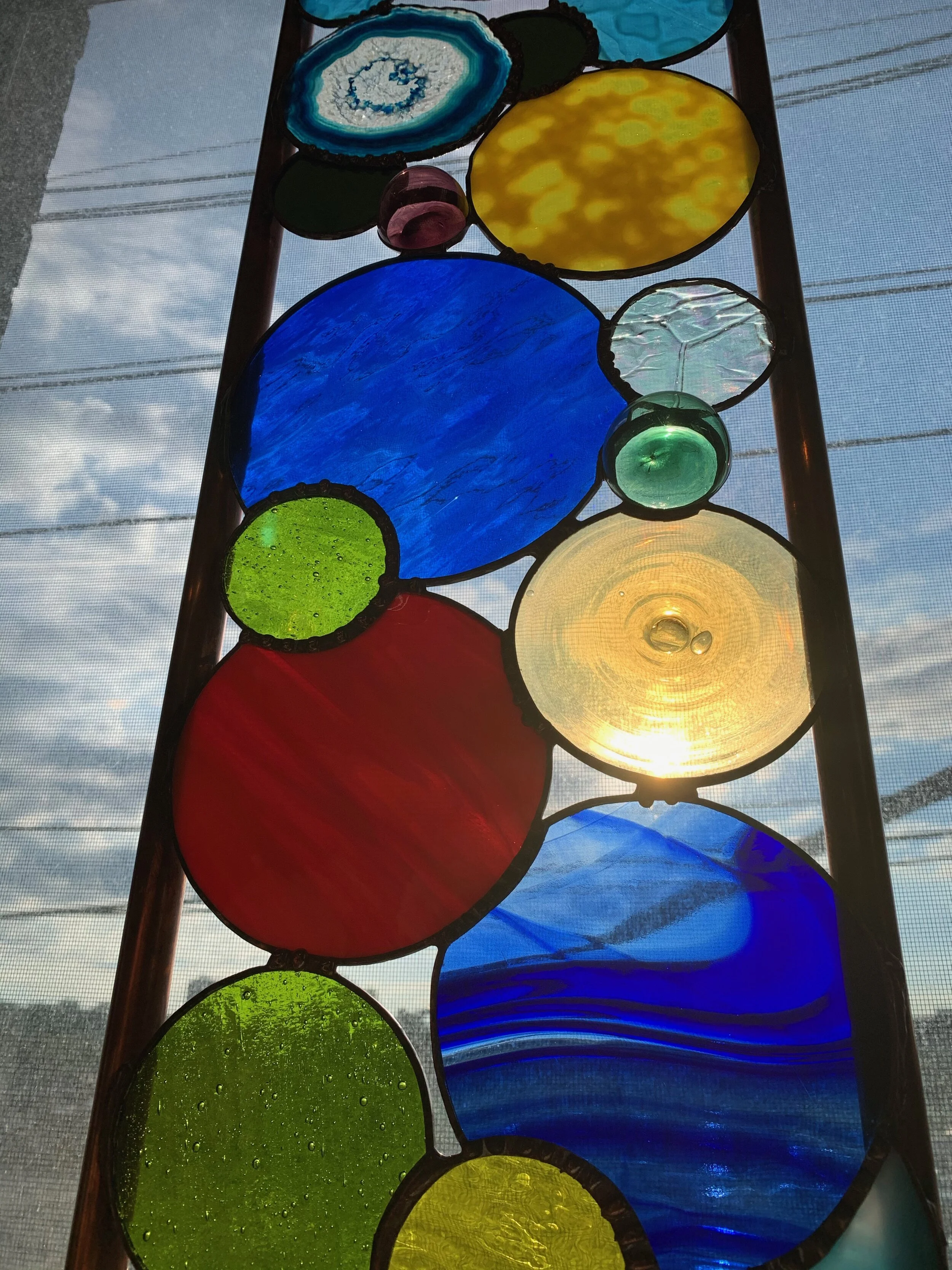 **SOLD**Circle of Life $500. Yard Art,Multi color, 3'11" X 9". Copper Pipe Frame, Copper Patine