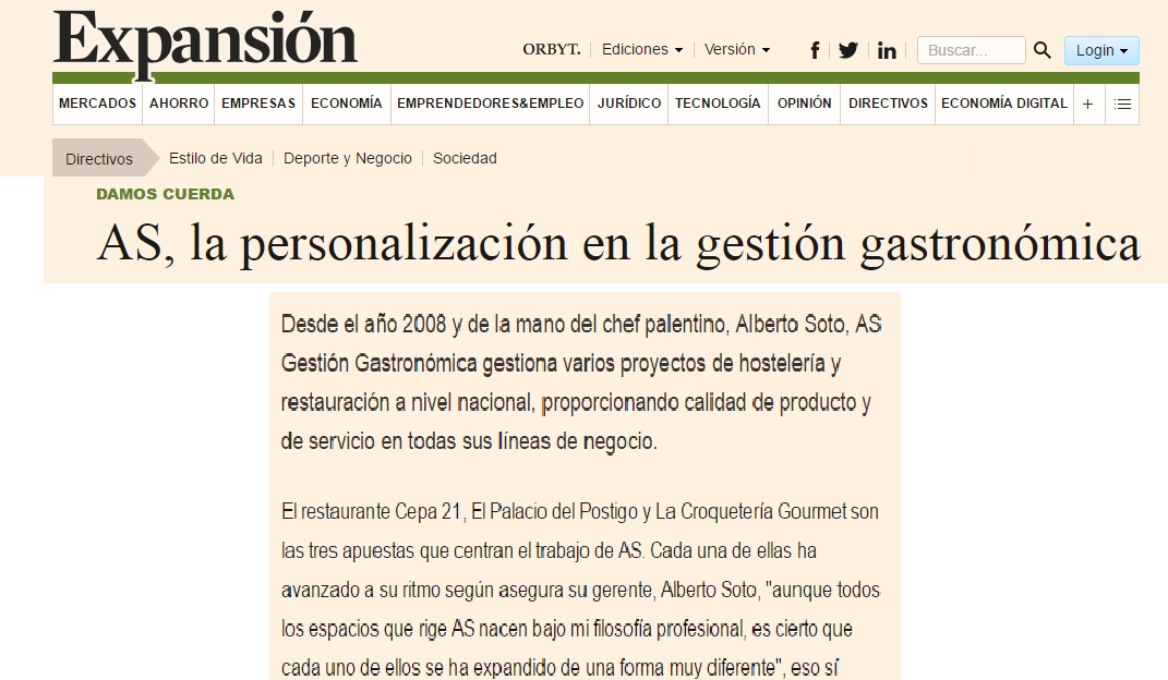 Nuestro restaurante en el periódico Expansión