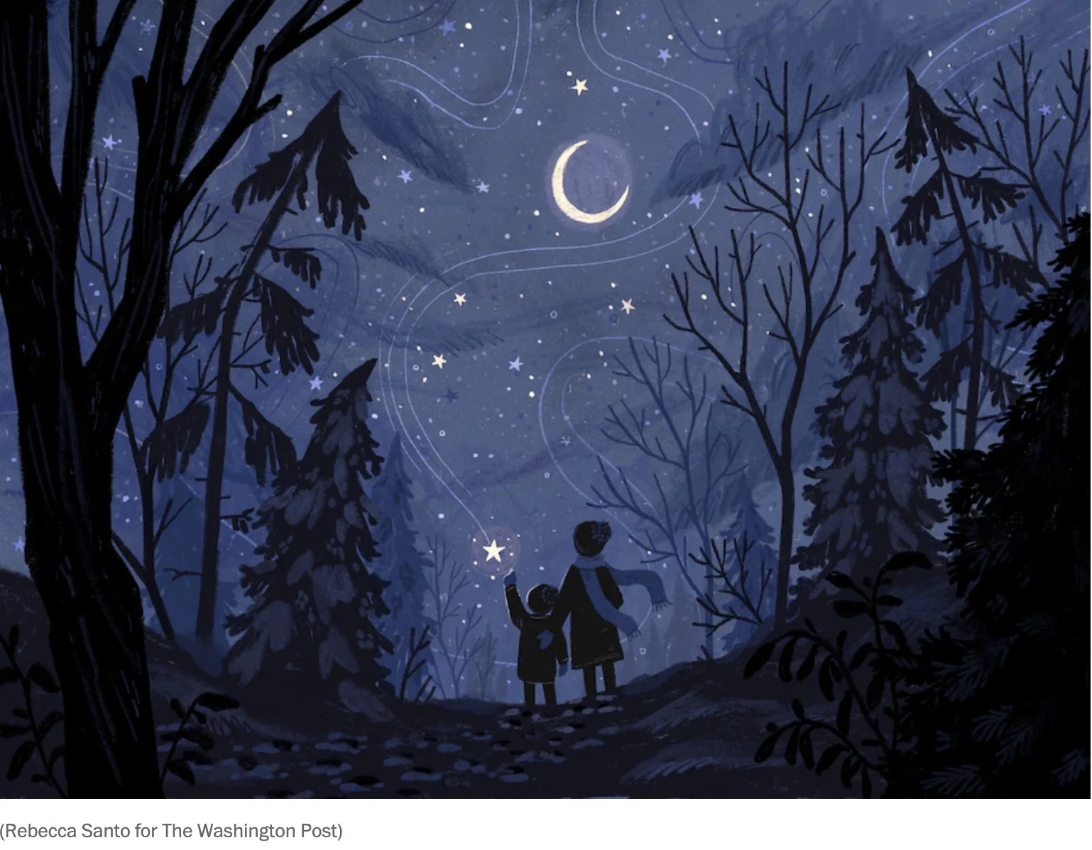 An illustration of a forest scene at night with two silhouetted figures, possibly a child and an adult, gazing at the crescent moon and stars in the starry sky. Trees and leaves surround them, creating a serene, magical atmosphere.