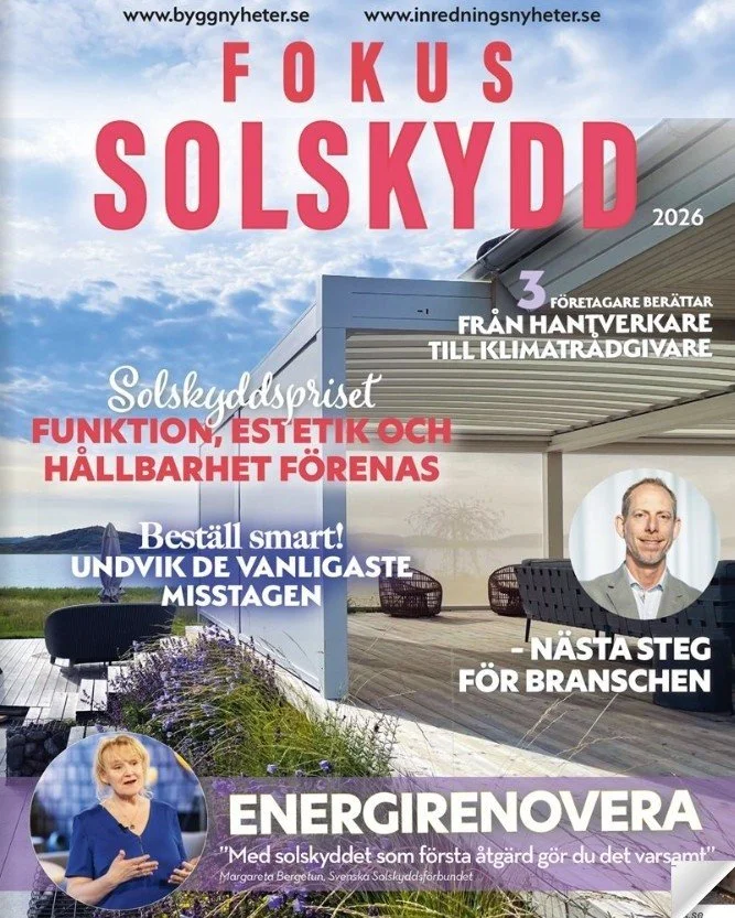 Fokus Solskydd 2026 &auml;r h&auml;r!
Vi p&aring; PG:s Persienn &amp; Markisservice delar i &aring;rets magasin hur solskydd g&ouml;r verklig skillnad &ndash; f&ouml;r inomhusklimat, energieffektivitet och h&aring;llbara byggnader.

Solskydd &auml;r 