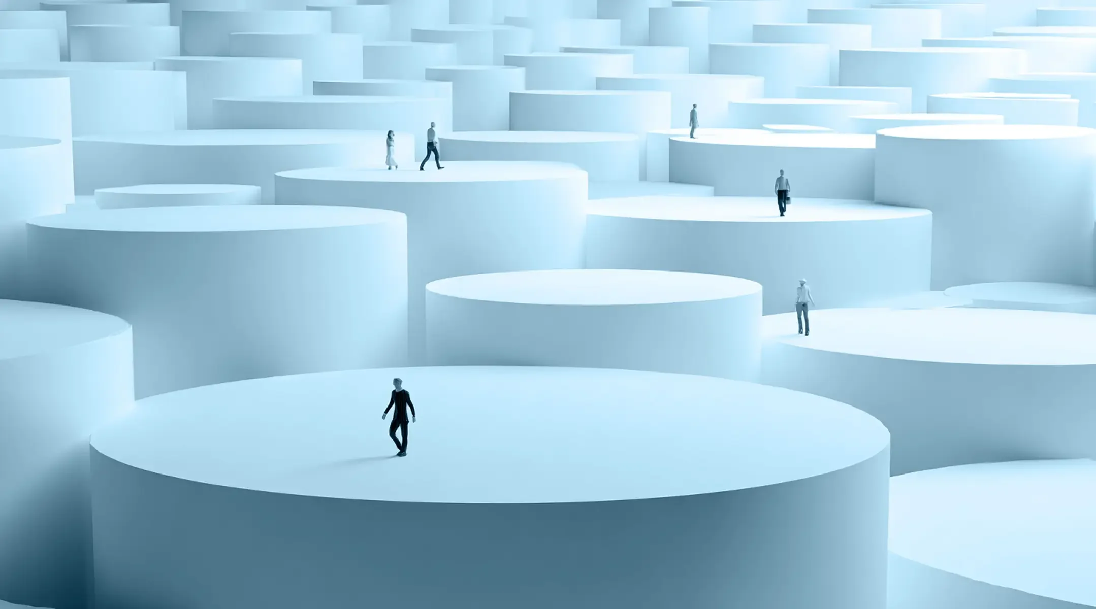 This is an AI created image with mini people standing on upright cylinders. The overall look of the image is a gray blue color with dimensionality from the large abstract cylinders