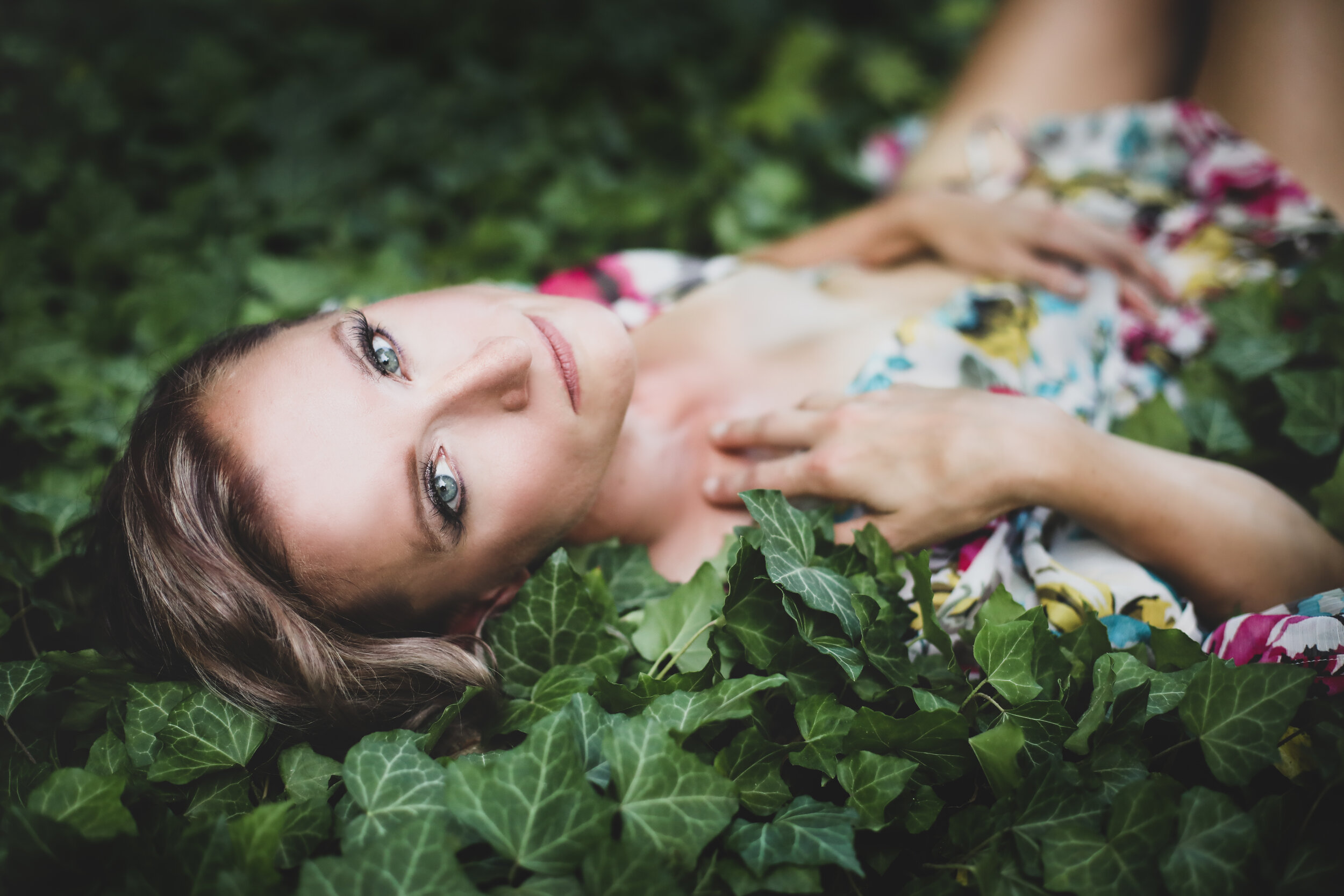 boston boudoir photographer Stephanie Olsen garden goddess sexy woman in lingerie in forest garden ivy