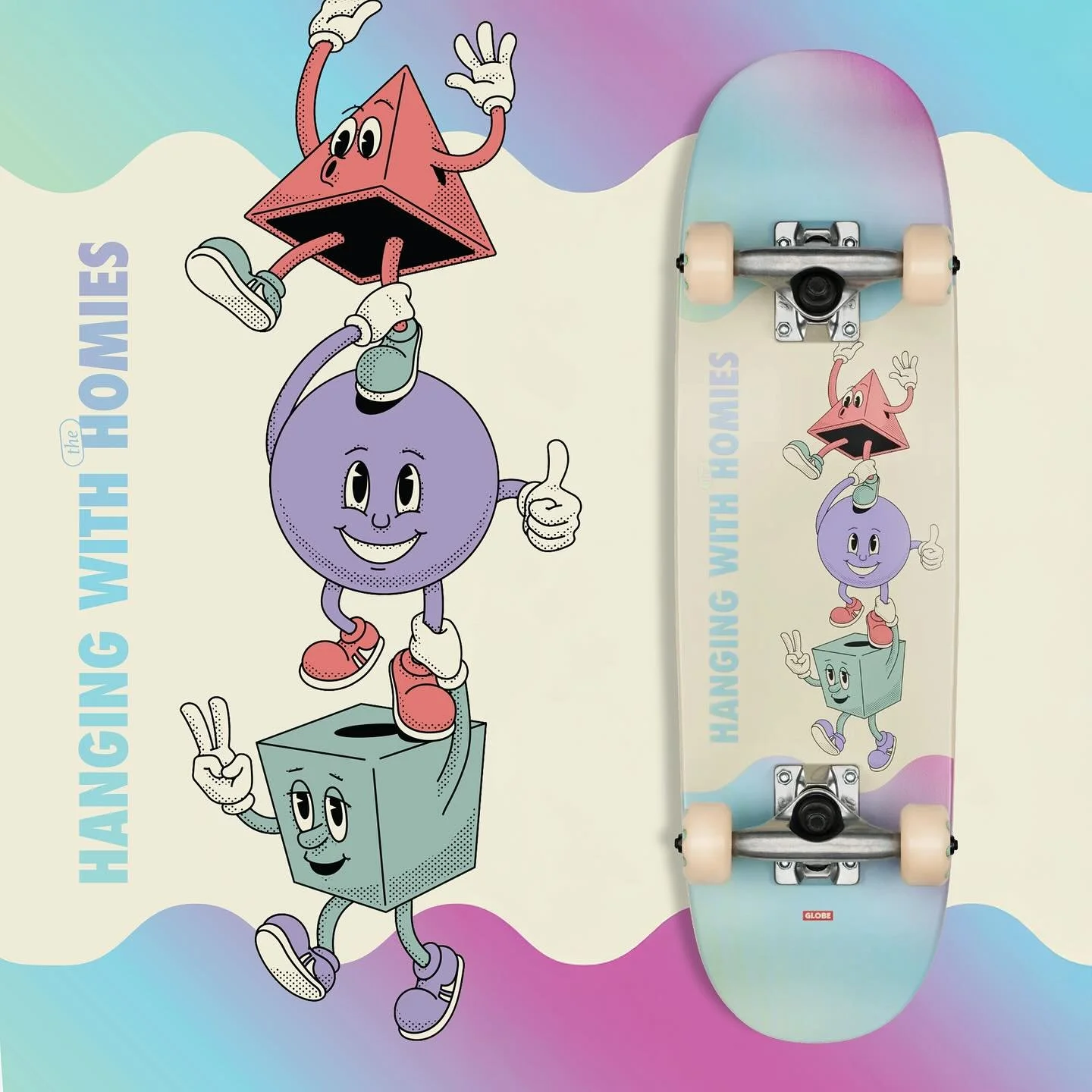 &ldquo;Hangin&rdquo; for Globe Skateboards

Created a few new youth graphics for @globebrand_skateboards. The characters featured in this design represent the shapes often used in Globe&rsquo;s branding&mdash;square, circle, and triangle. 

This is t