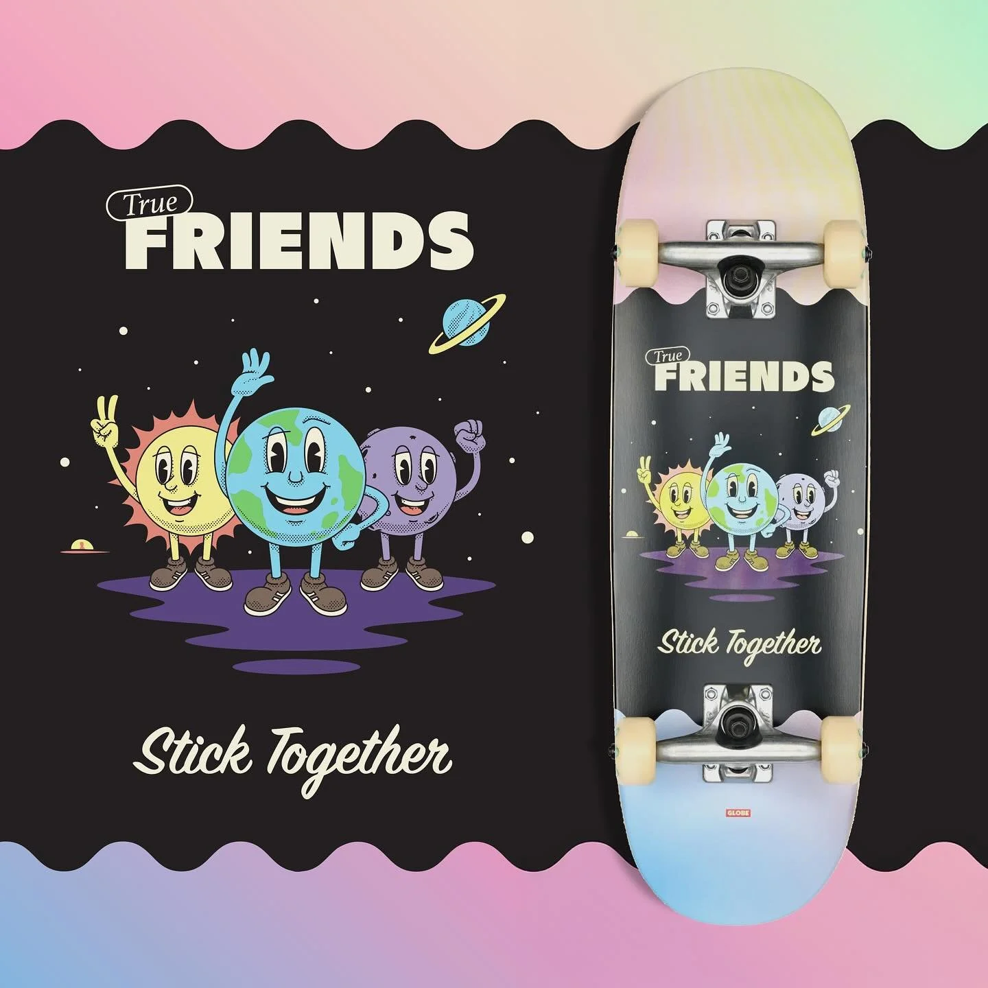 &ldquo;True Friends&rdquo; for Globe Skateboards

Created a few new youth graphics for @globebrand_skateboards. Here&rsquo;s a look at the third illustration of this three part series. True friends stick together #nvr4get 🌞🌎🌚

A matching wheel gra