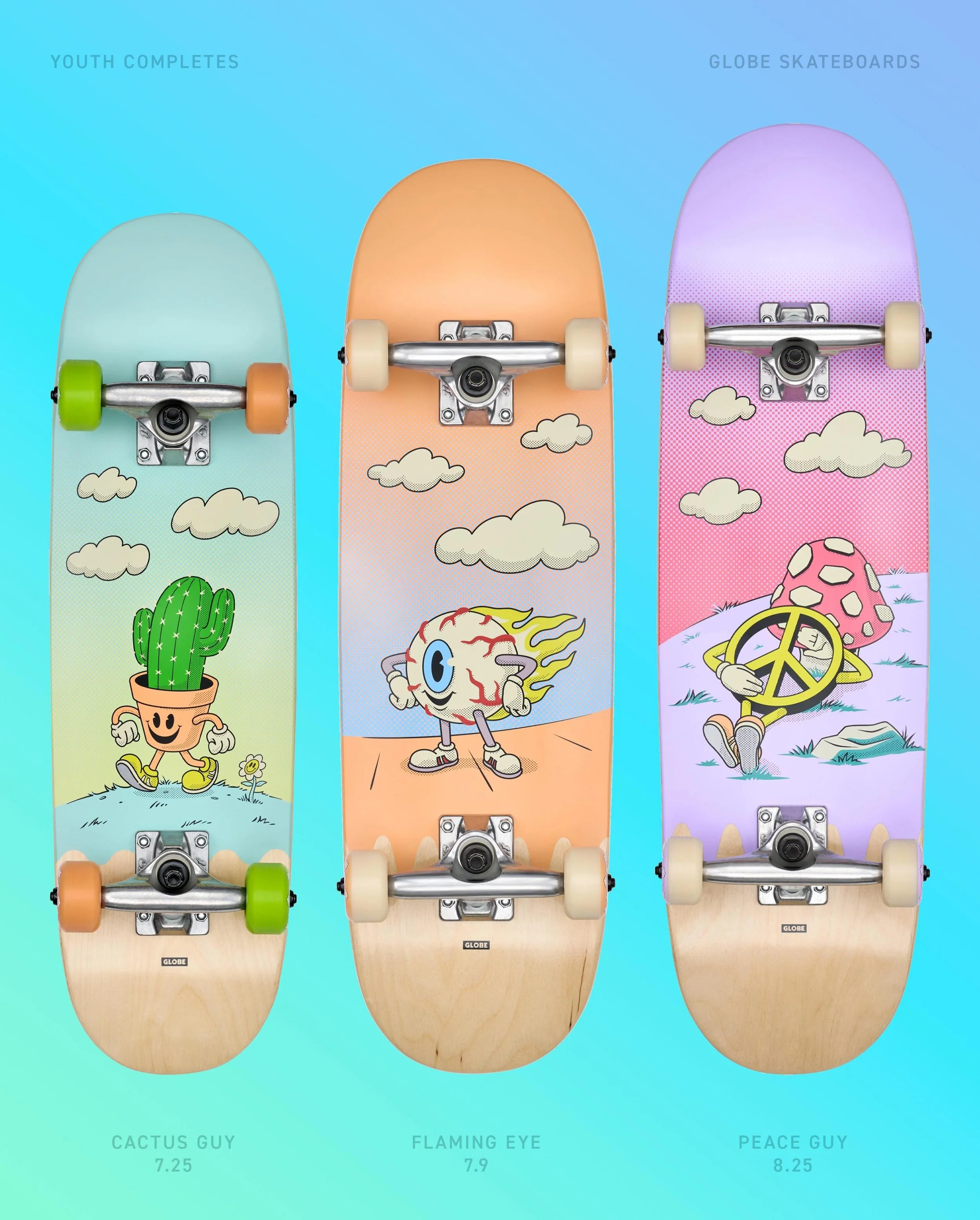 Worked on this fun youth skateboard series for Globe featuring a cactus guy, flaming eye, and peace guy! Need a kids complete for the pipsqueak? Check them out online at globebrand.com

@globebrand_skateboards #illustration #graphicdesign #skateboard