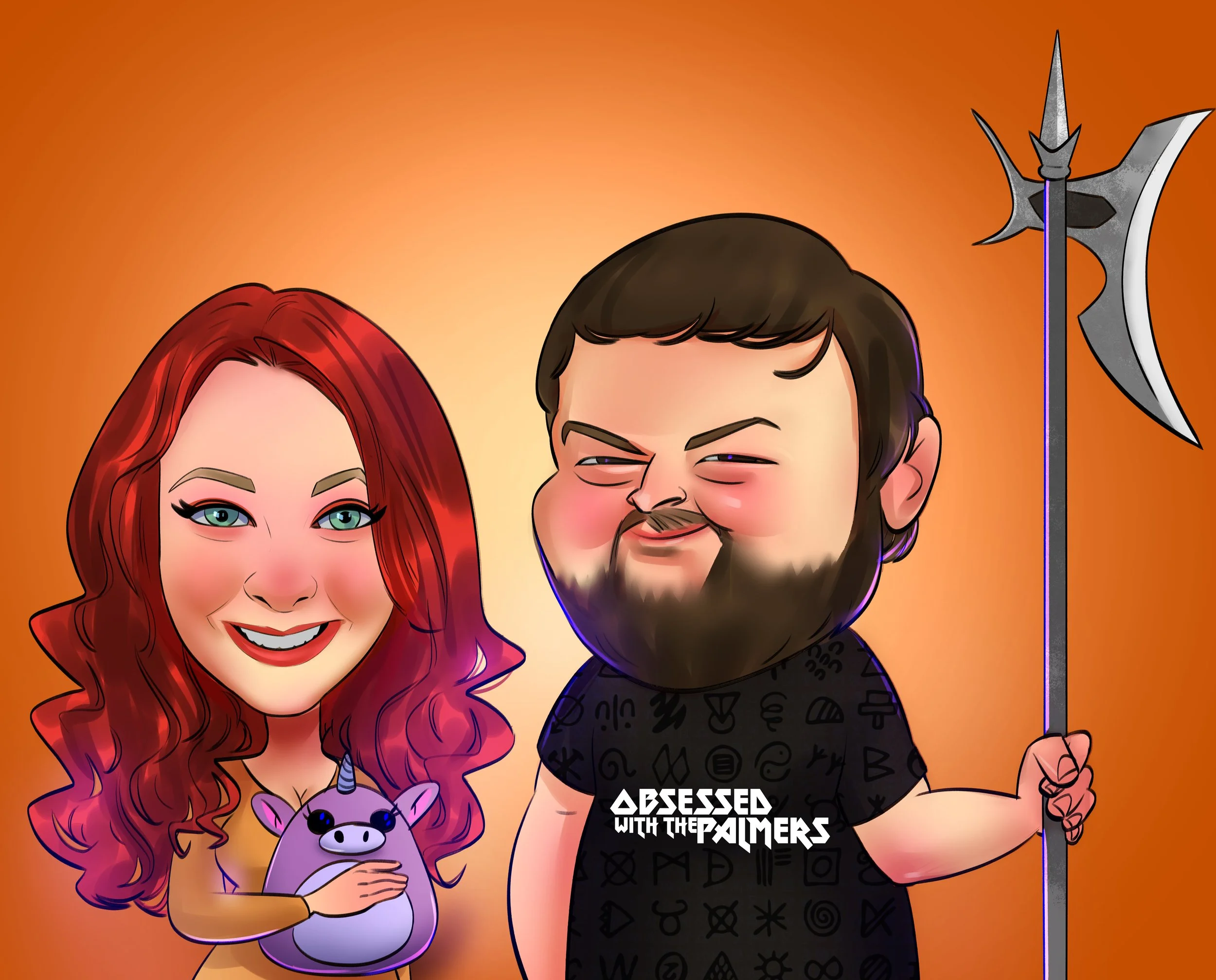 Cartoon of a smiling woman with red hair holding a plush unicorn, and a bearded man with: a mischievous expression holding a spear. Text reads 'Obessed with the Palmers' on his shirt, against a warm orange background.