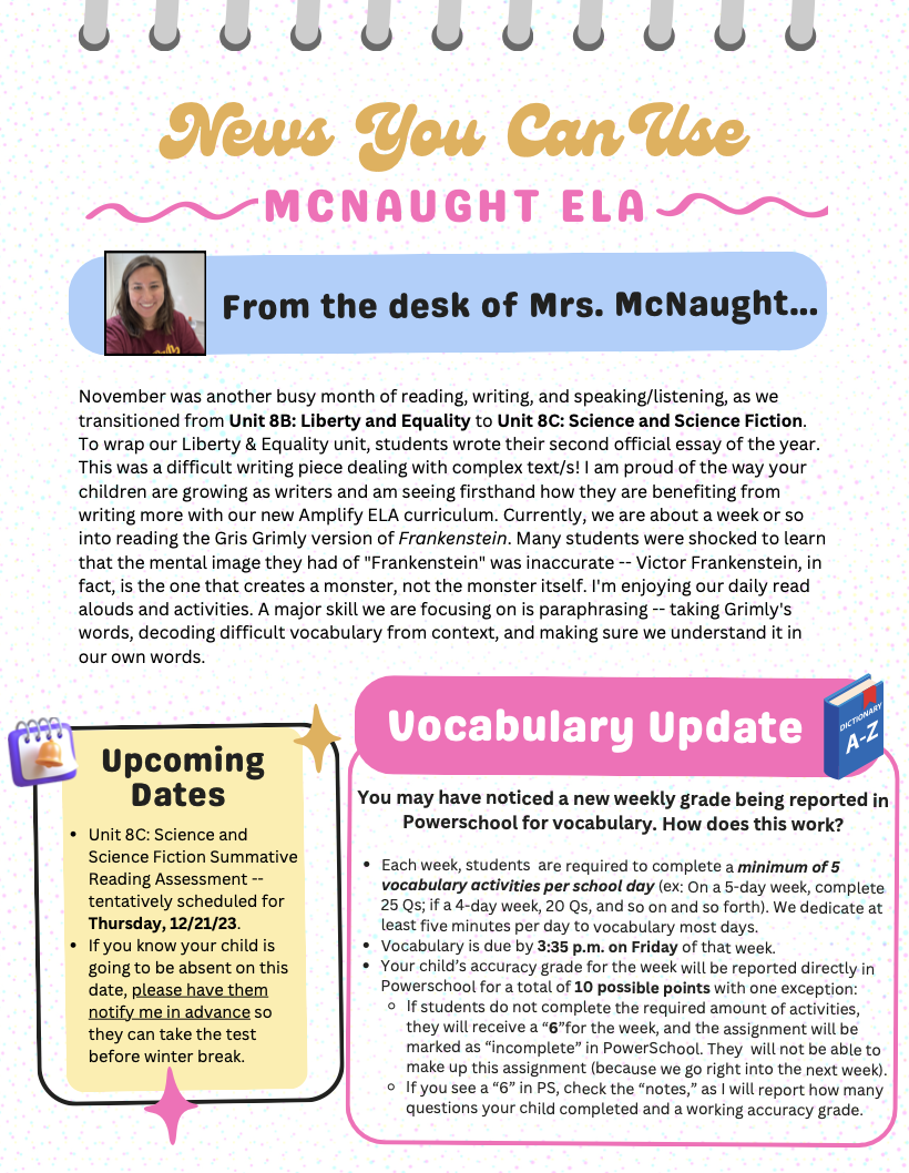 Colorful school newsletter page titled 'News You Can Use' from Mrs. McNaught's class, featuring sections for upcoming dates and vocabulary updates, decorative elements, and a photo of a smiling woman in the top left corner.