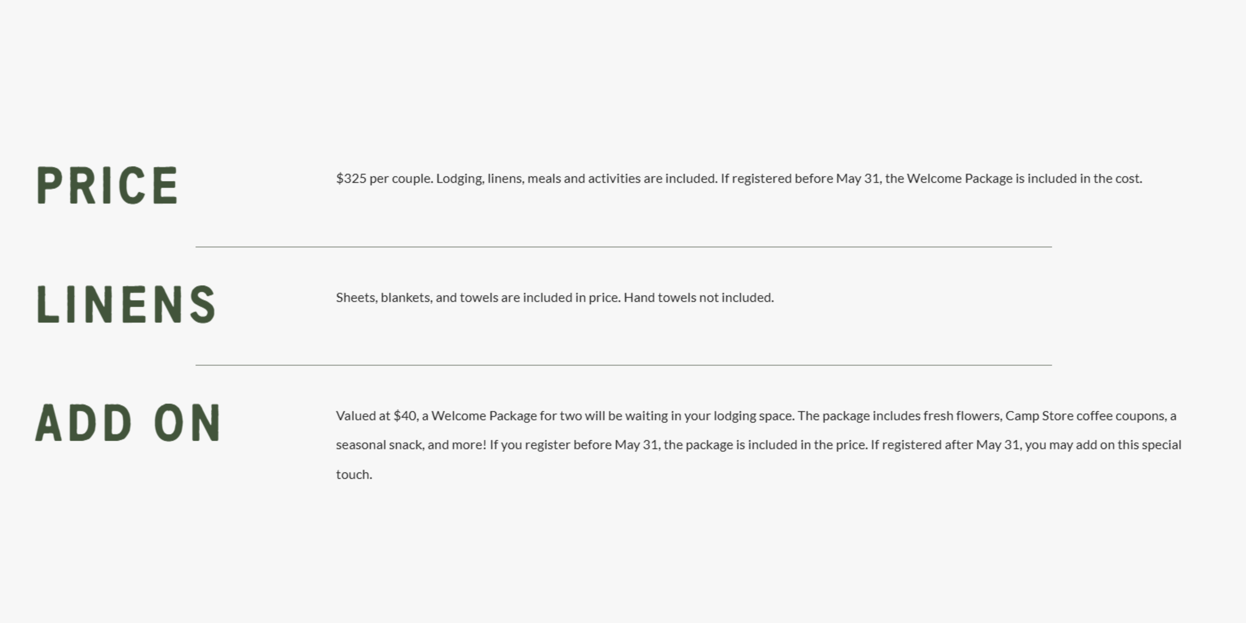 Pricing details for a travel package, including cost per couple, linens, and optional add-ons, with descriptions of what is included in each package.