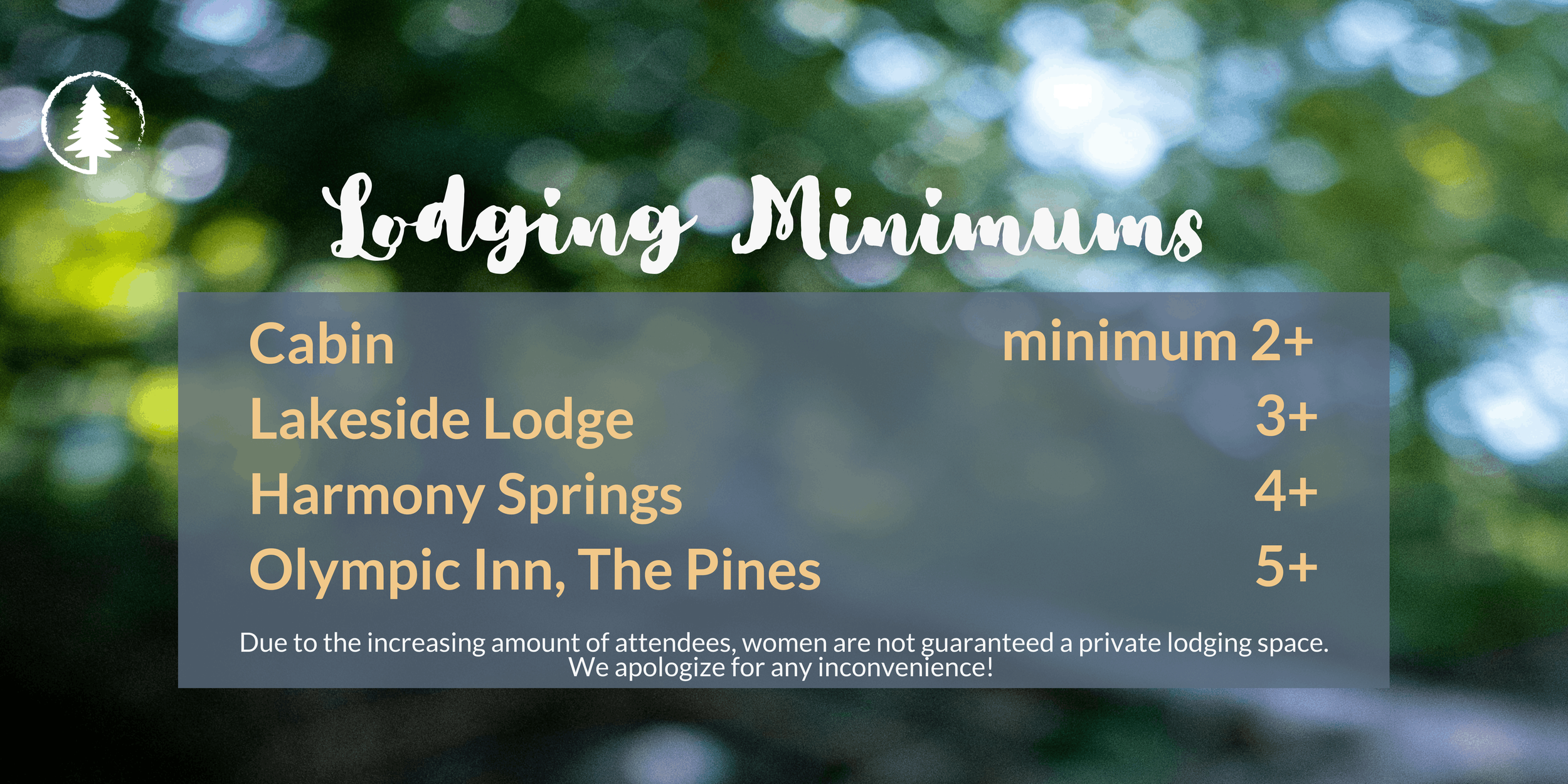 Lodging Minimums sign listing four lodges with minimum age requirements, on a blurred green background with a small white pine tree logo in the top left corner.