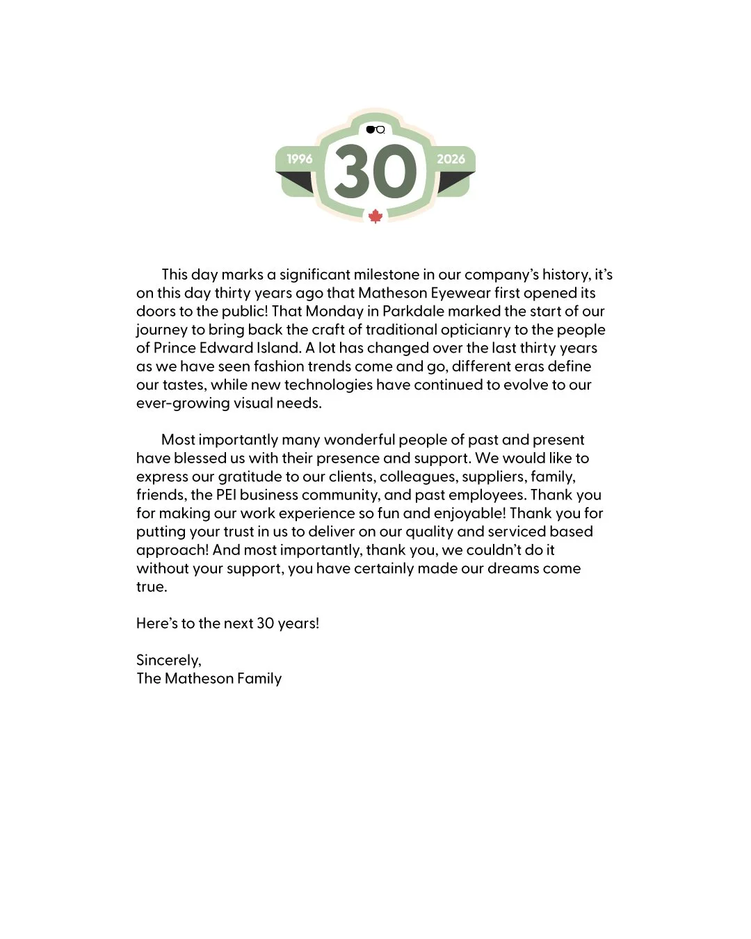 30 Years of Matheson Eyewear! 🥳🎉👓 A Big thank you to everyone! We couldn't do it without your support! Here's to 30 more! ⏩️ Swipe for a picture from opening day!