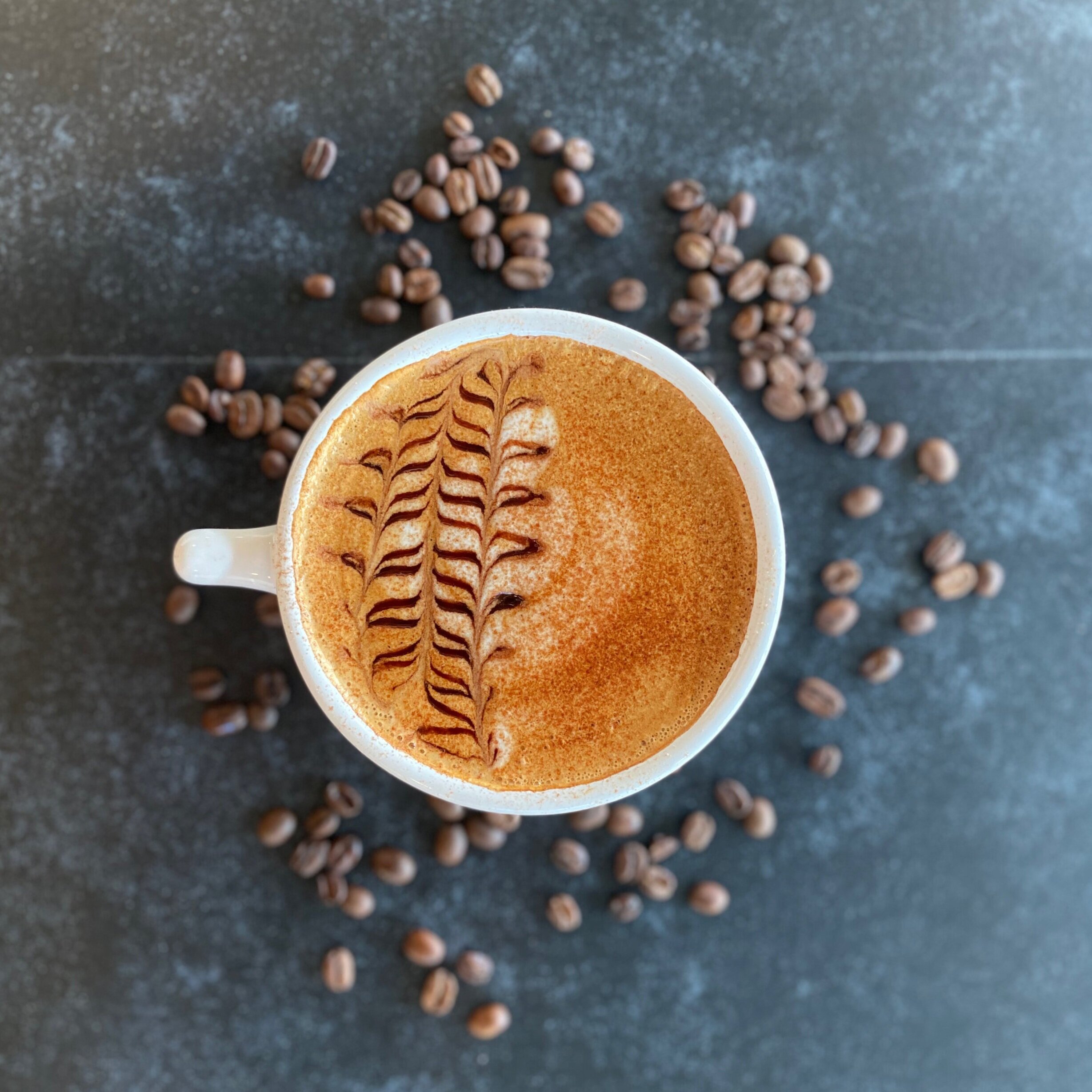 latte art and coffee beans