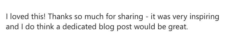 A screenshot of a thank you message expressing appreciation and suggesting a dedicated blog post. Katie McFarlan Dakota Design Company best client process templates for interior designers
