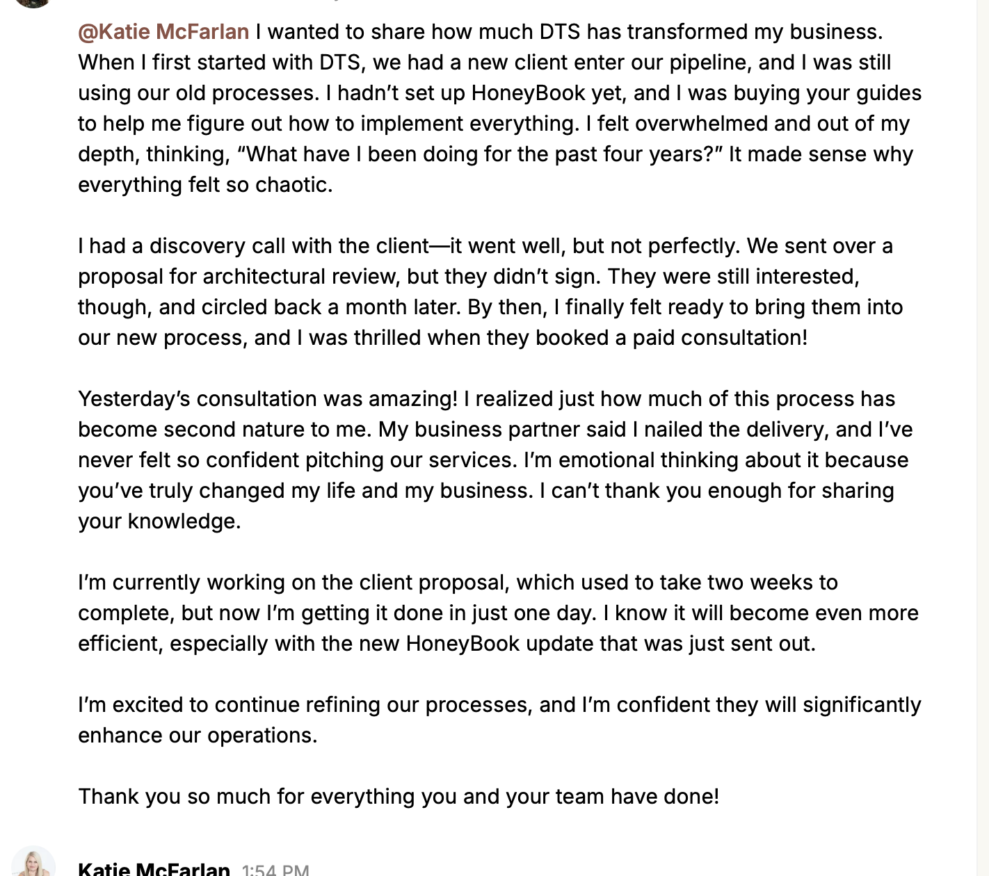 Screen shot of a Facebook post from Katie McFarlan sharing her business transformation story with DTS. Katie McFarlan Dakota Design Company Best Client Process Templates for Interior Designers