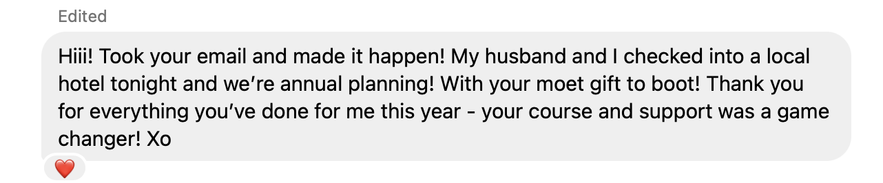 Screenshot of a text message expressing gratitude and excitement for a special occasion with a red heart emoji at the end. Katie McFarlan Dakota Design Company best client process templates for interior designers