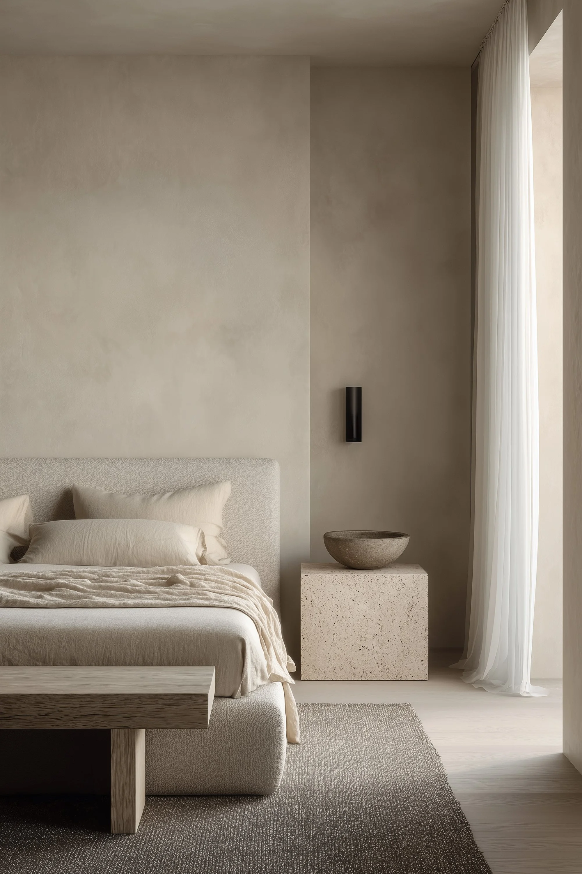 image of a neutral bedroom with bed and nightstand
